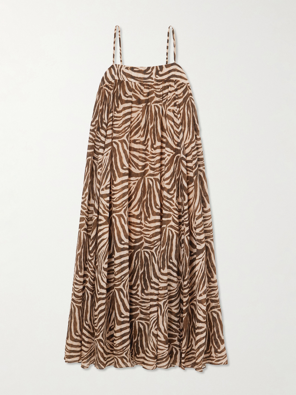 Zimmermann Wanderlust Gathered Zebra-print Cotton Maxi Dress In Brown