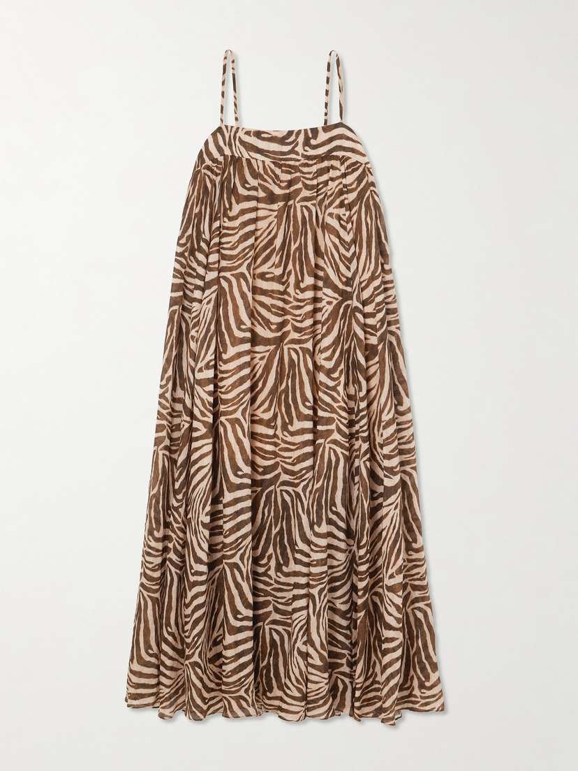 Zimmermann Wanderlust Gathered Zebra-print Cotton Maxi Dress