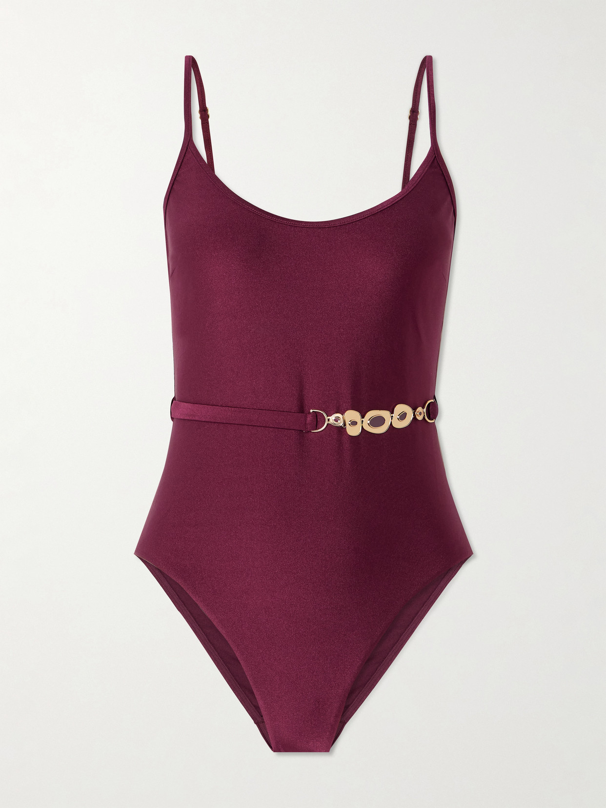 Zimmermann Awaken Embellished Belted Swimsuit In Burgundy