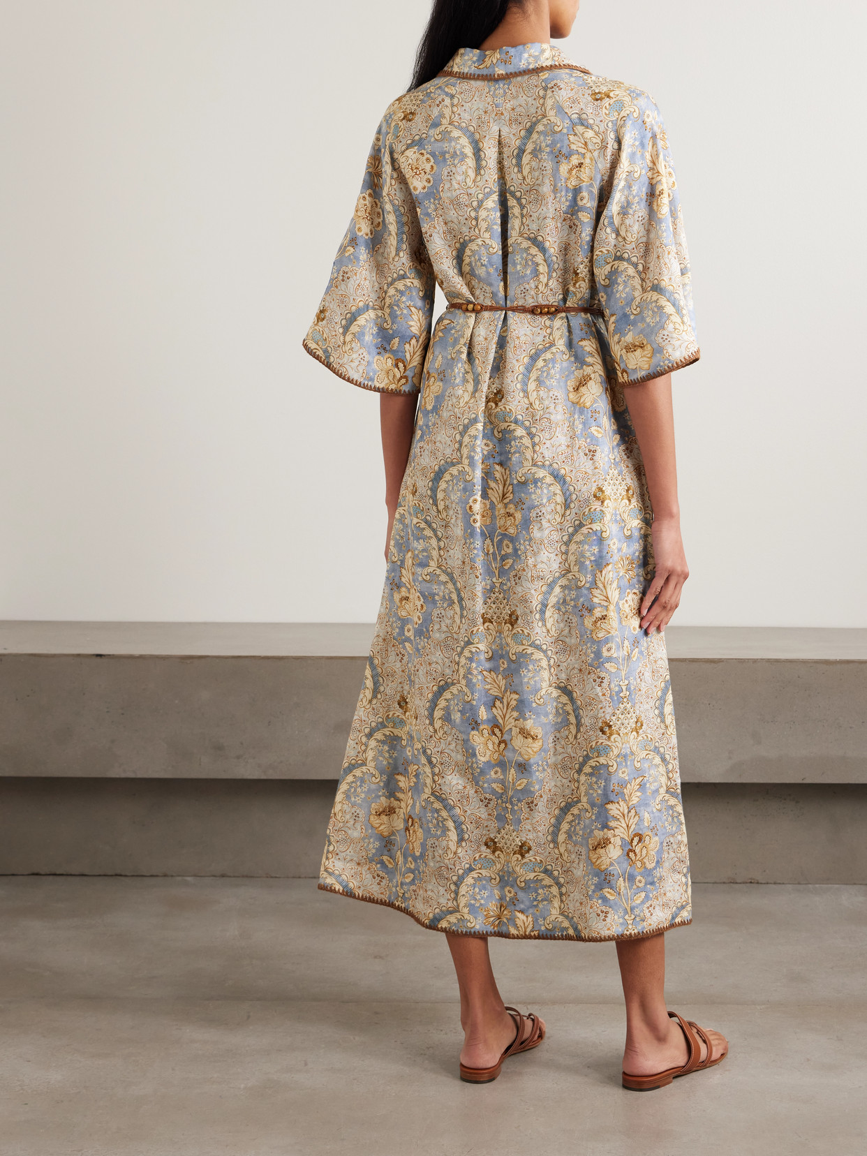 Zimmermann Daylight Belted Printed Linen Midi Dress In Multi