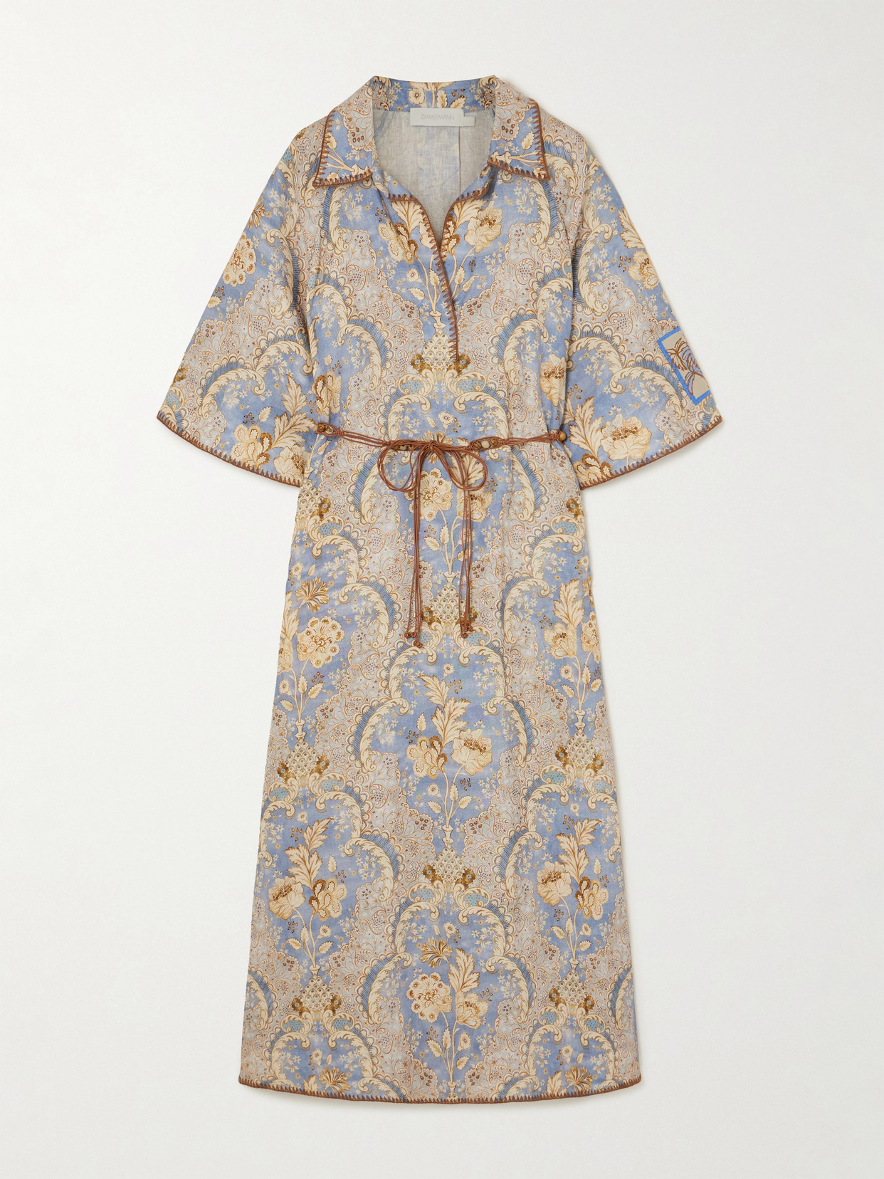 Zimmermann Daylight Belted Printed Linen Midi Dress In Blue