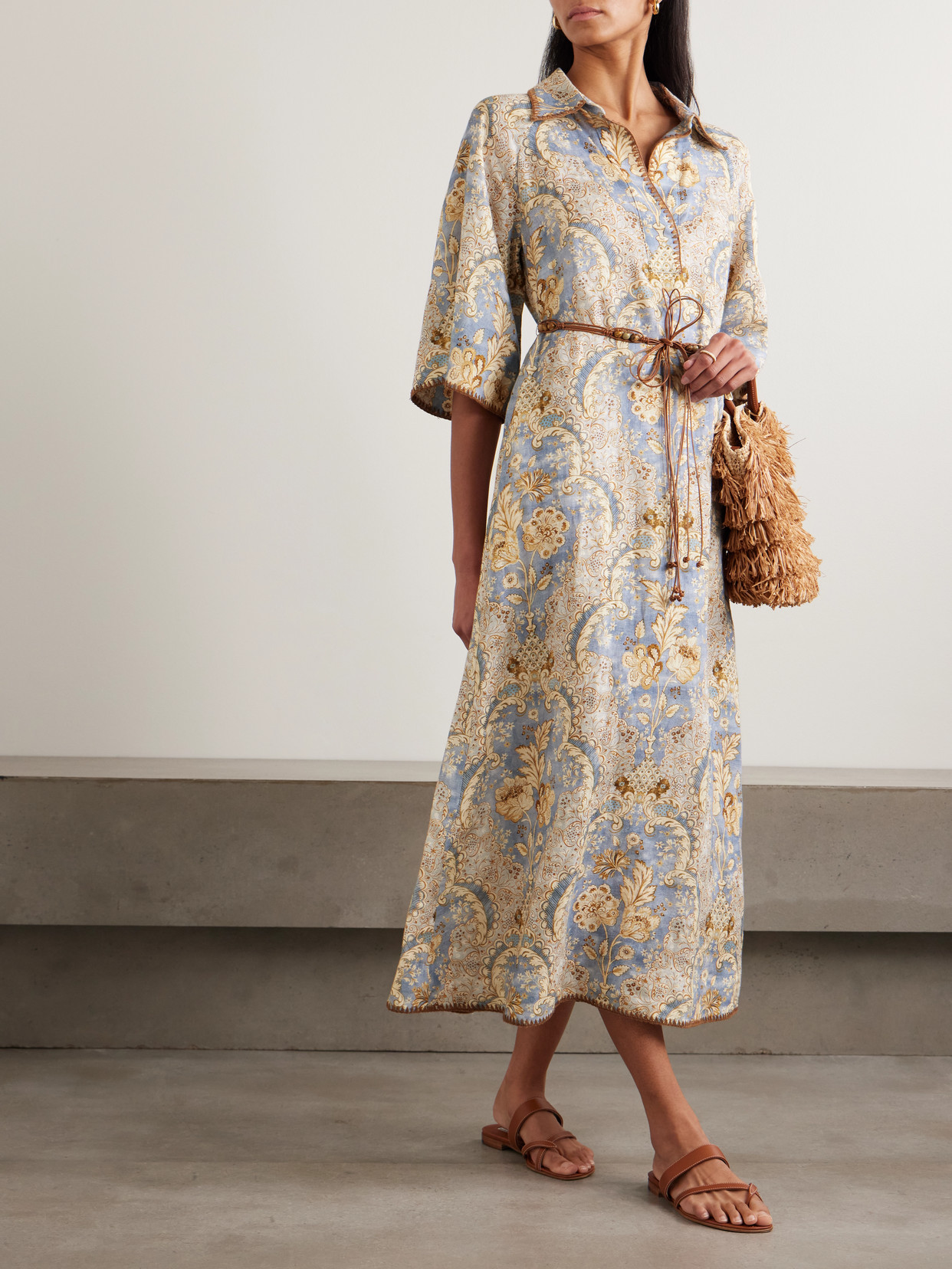 Zimmermann Daylight Belted Printed Linen Midi Dress In Multi