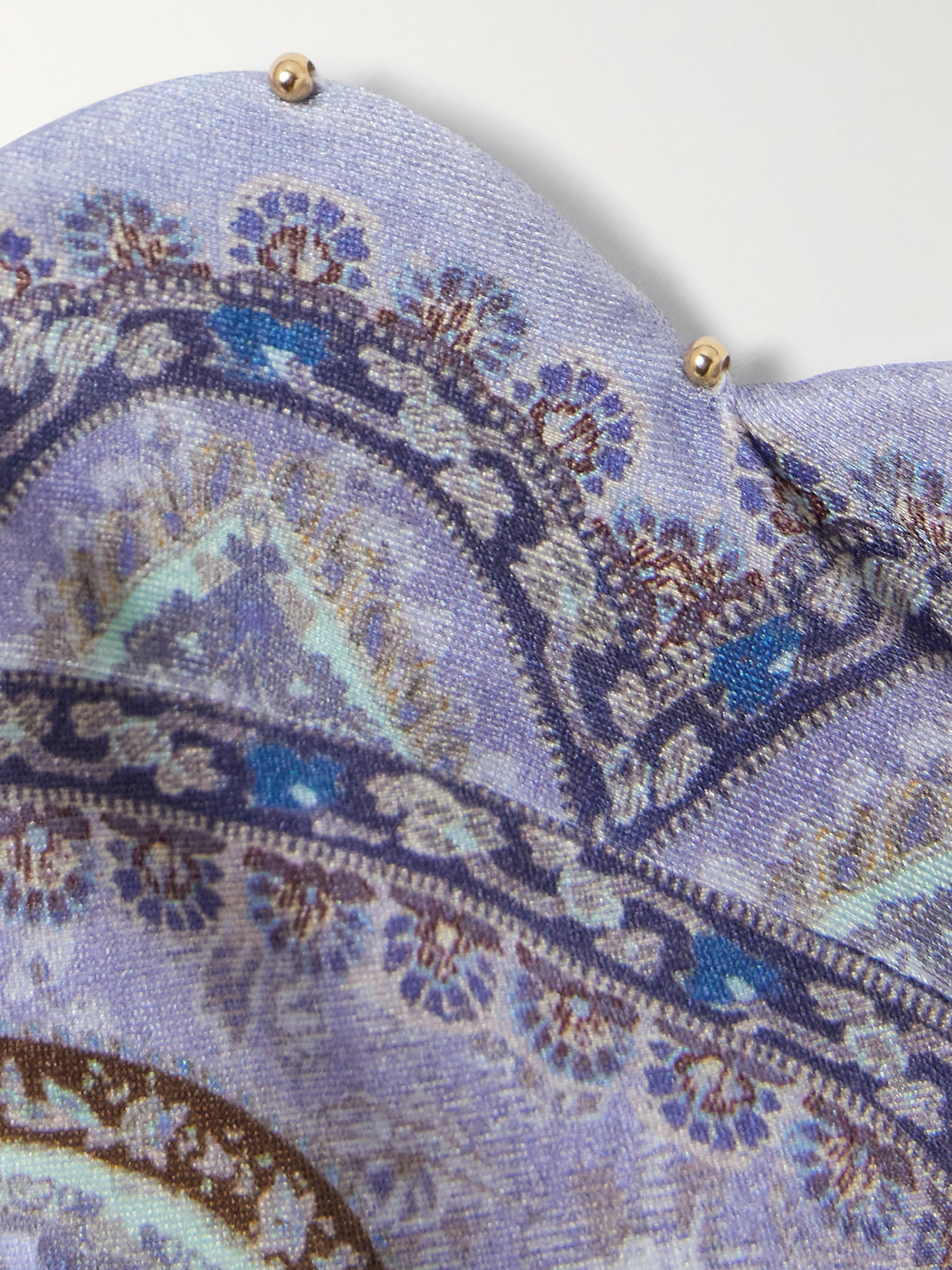 Zimmermann Wanderlust Strapless Embellished Paisley-print Bikini Top In Blue