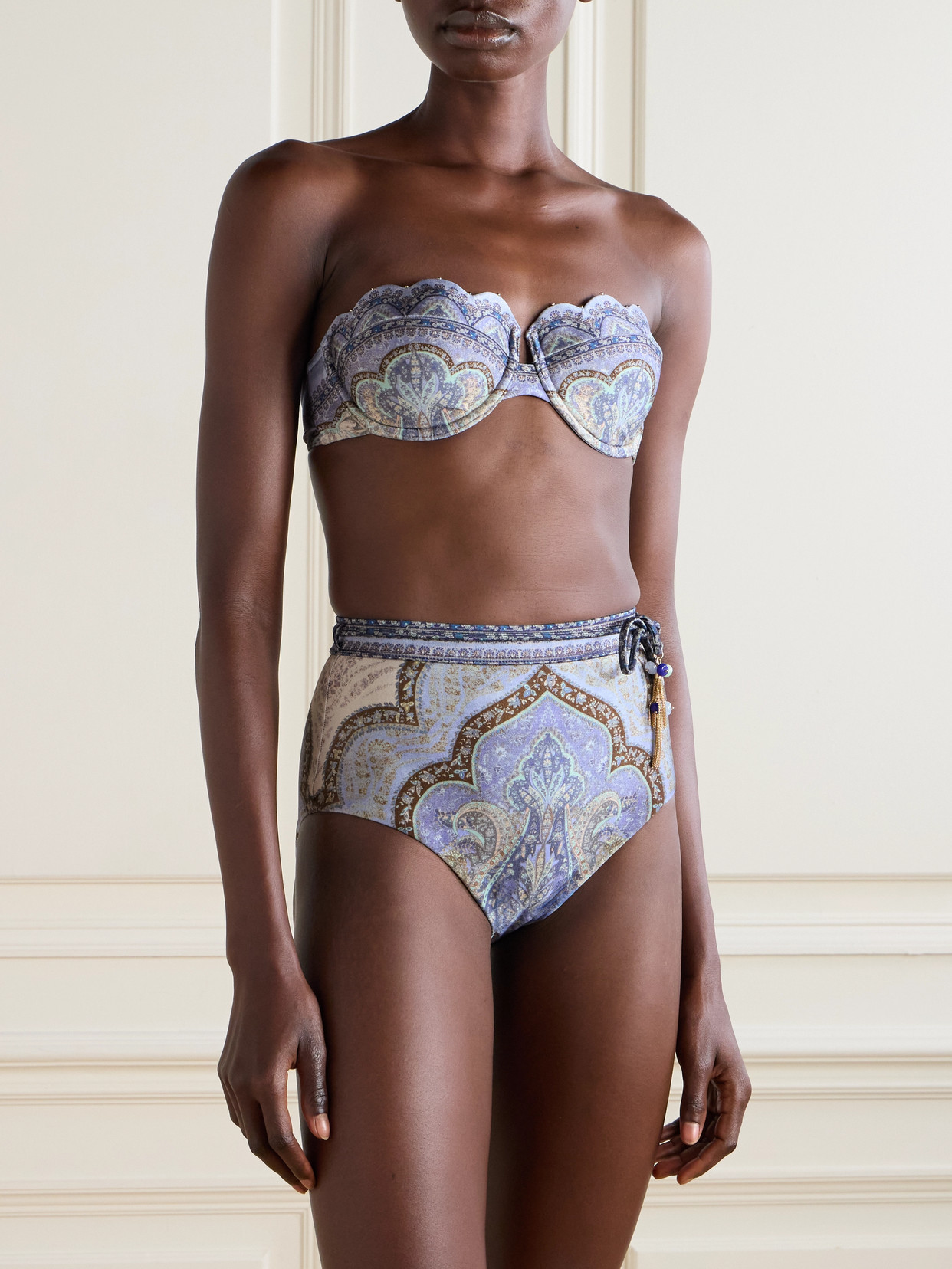 Zimmermann Wanderlust Strapless Embellished Paisley-print Bikini Top In Blue