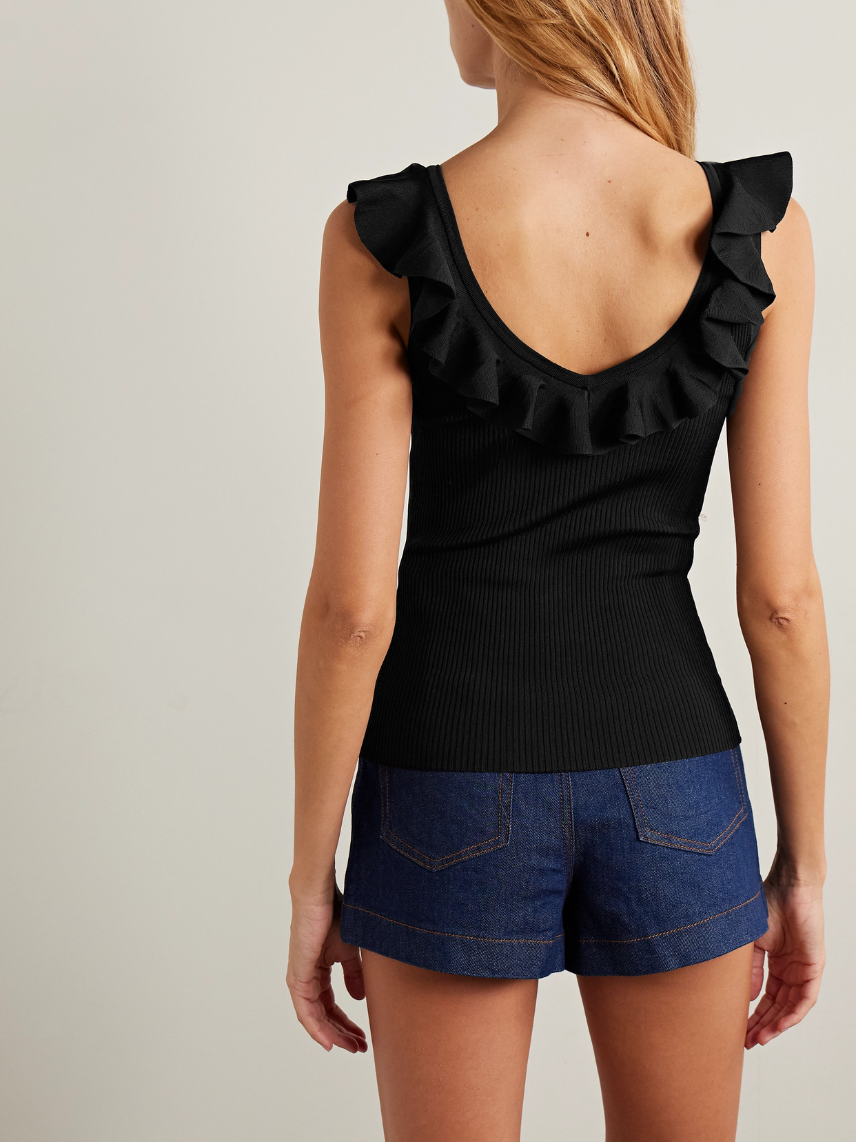 Zimmermann Awaken Ruffled Ribbed-knit Top In Black