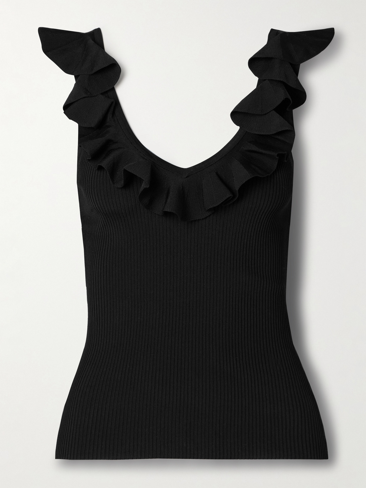 Zimmermann Awaken Ruffled Ribbed-knit Top In Black