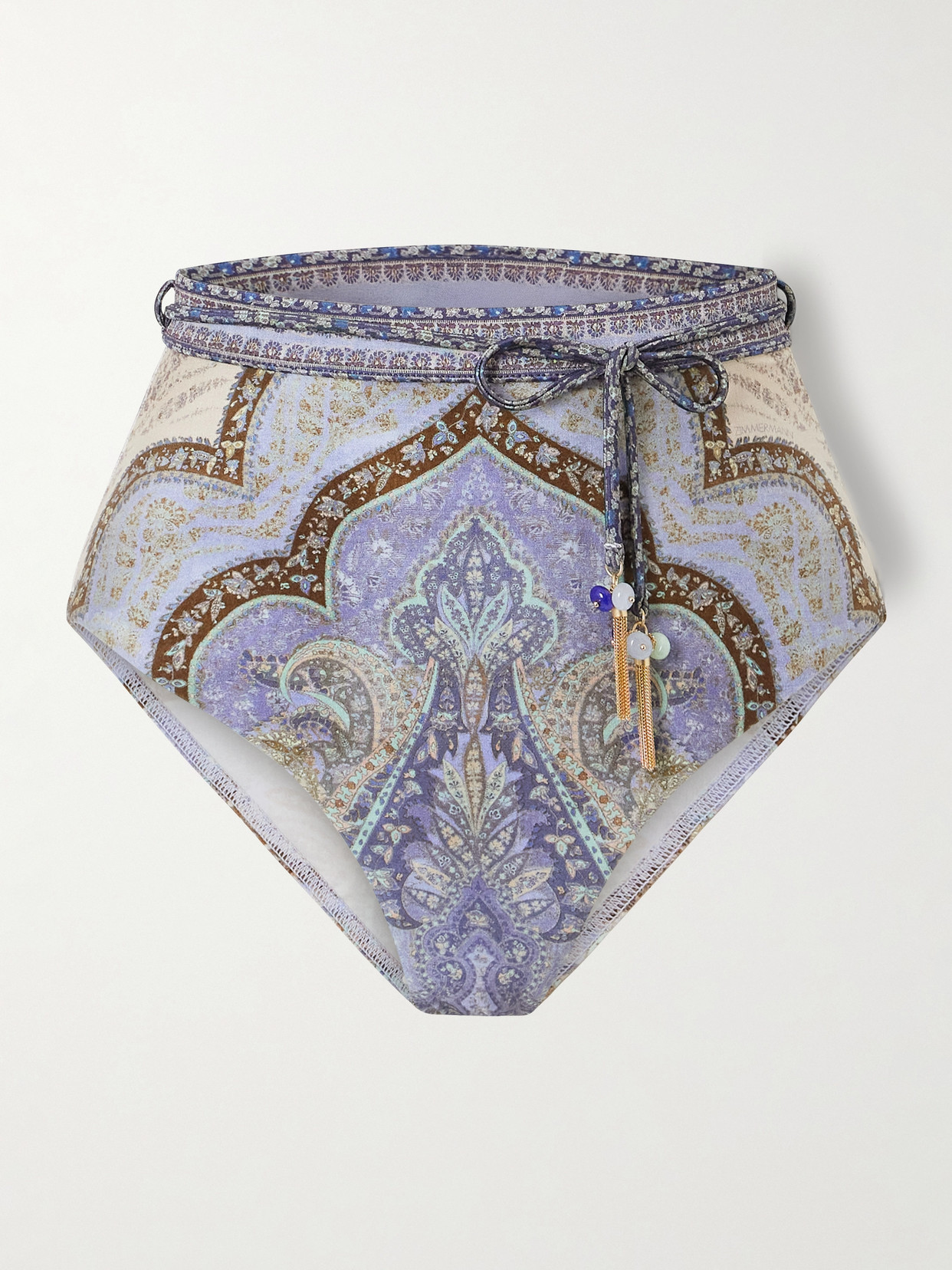 Zimmermann Wanderlust Belted Embellished Paisley-print Bikini Briefs In Blue
