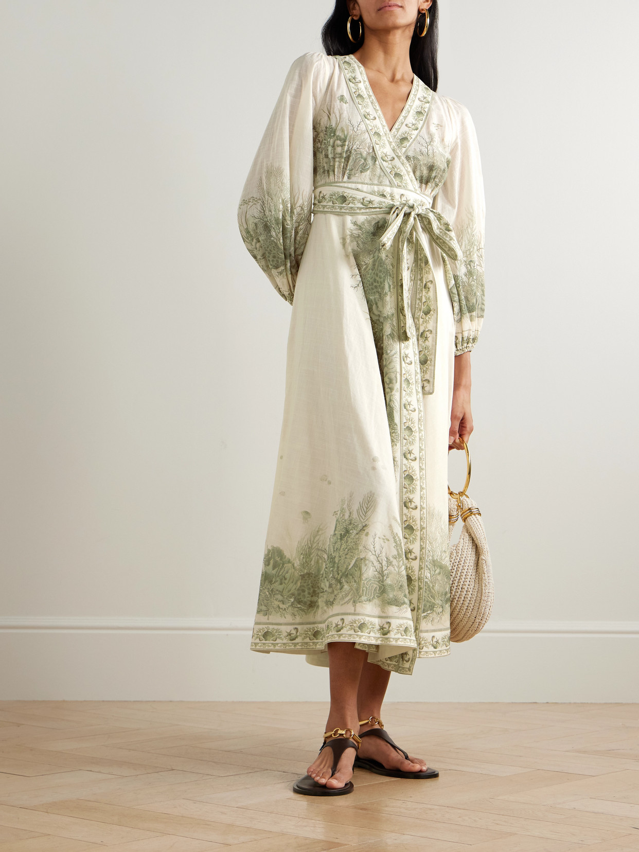 Zimmermann Wanderlust Belted Printed Cotton-voile Wrap Midi Dress In Neutral