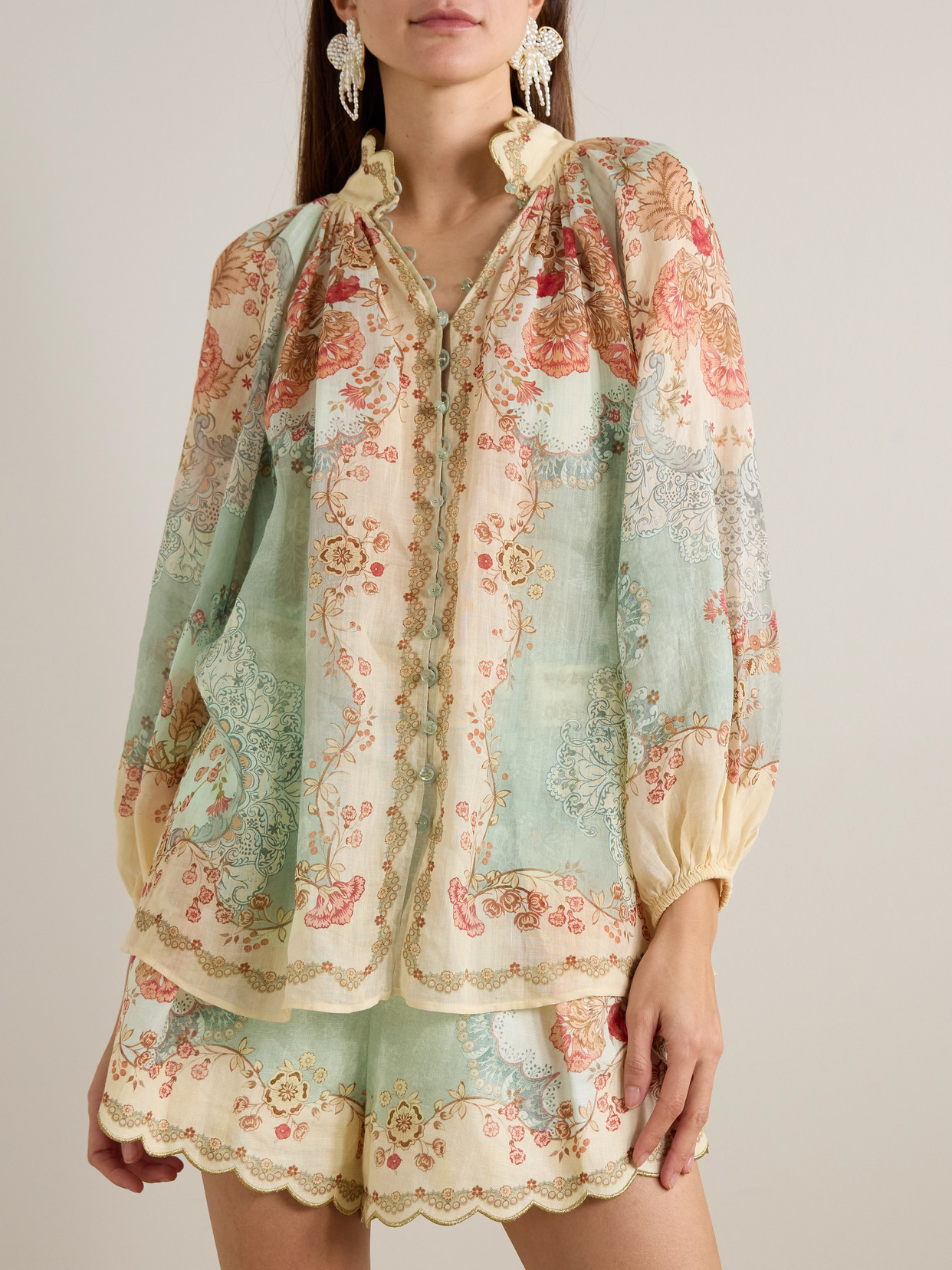 Zimmermann Womens Wallpaper Floral Mint Daylight Balloon-sleeves Woven Blouse Xs In Multi