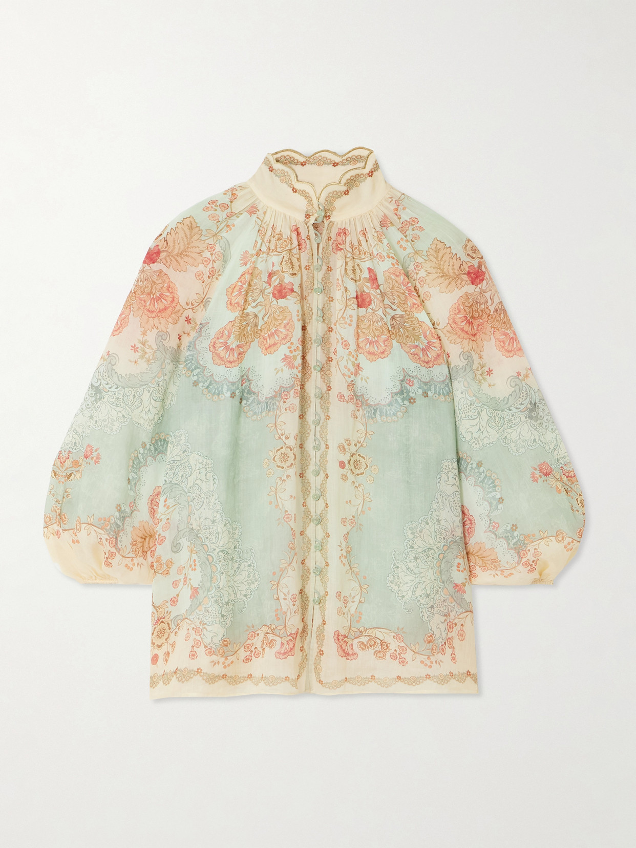 Zimmermann Daylight Scalloped Printed Ramie Blouse In Blue