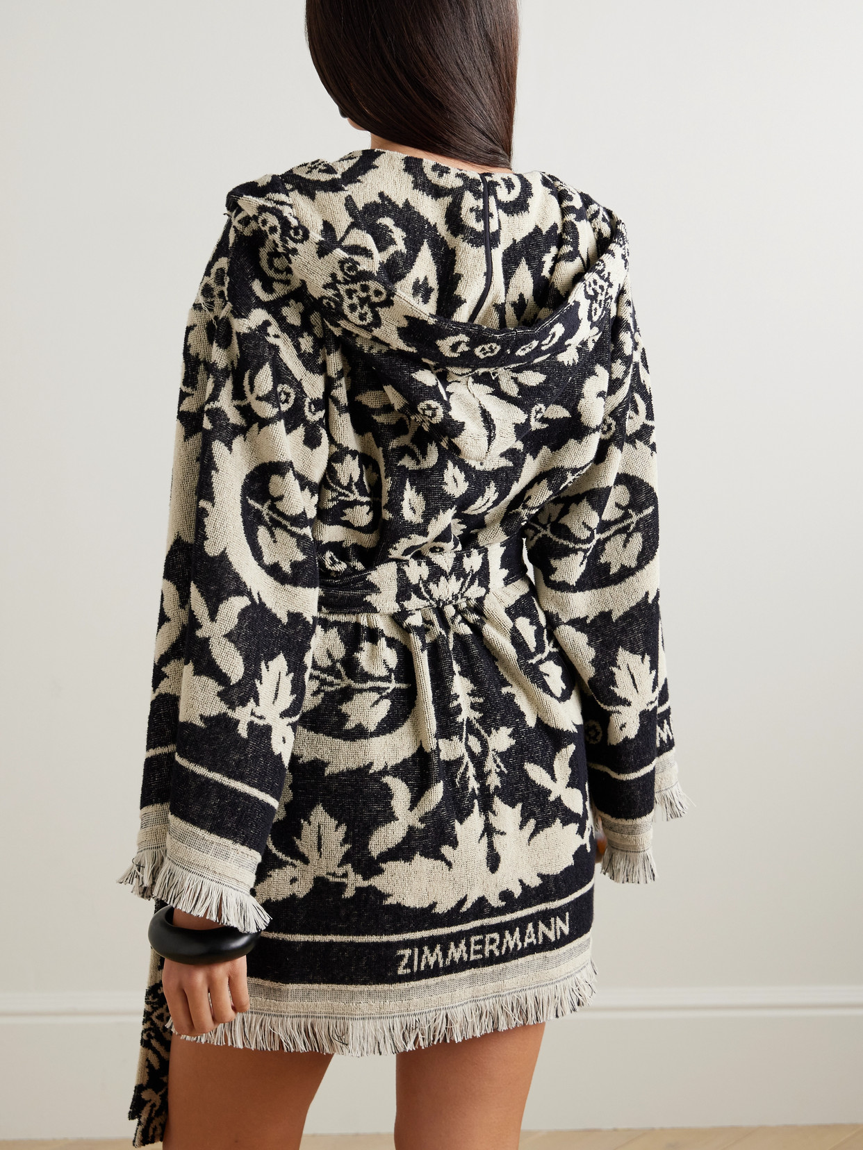 Zimmermann Wanderlust Hooded Fringed Cotton-terry Jacquard Robe In Black