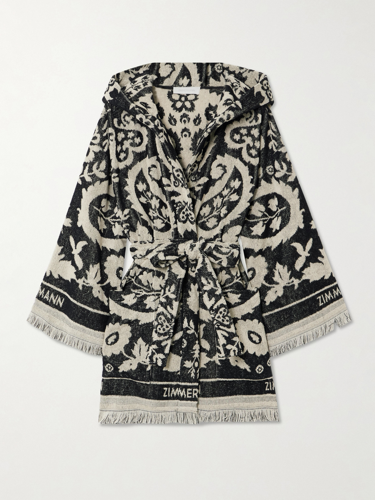 Zimmermann Wanderlust Hooded Fringed Cotton-terry Jacquard Robe In Black
