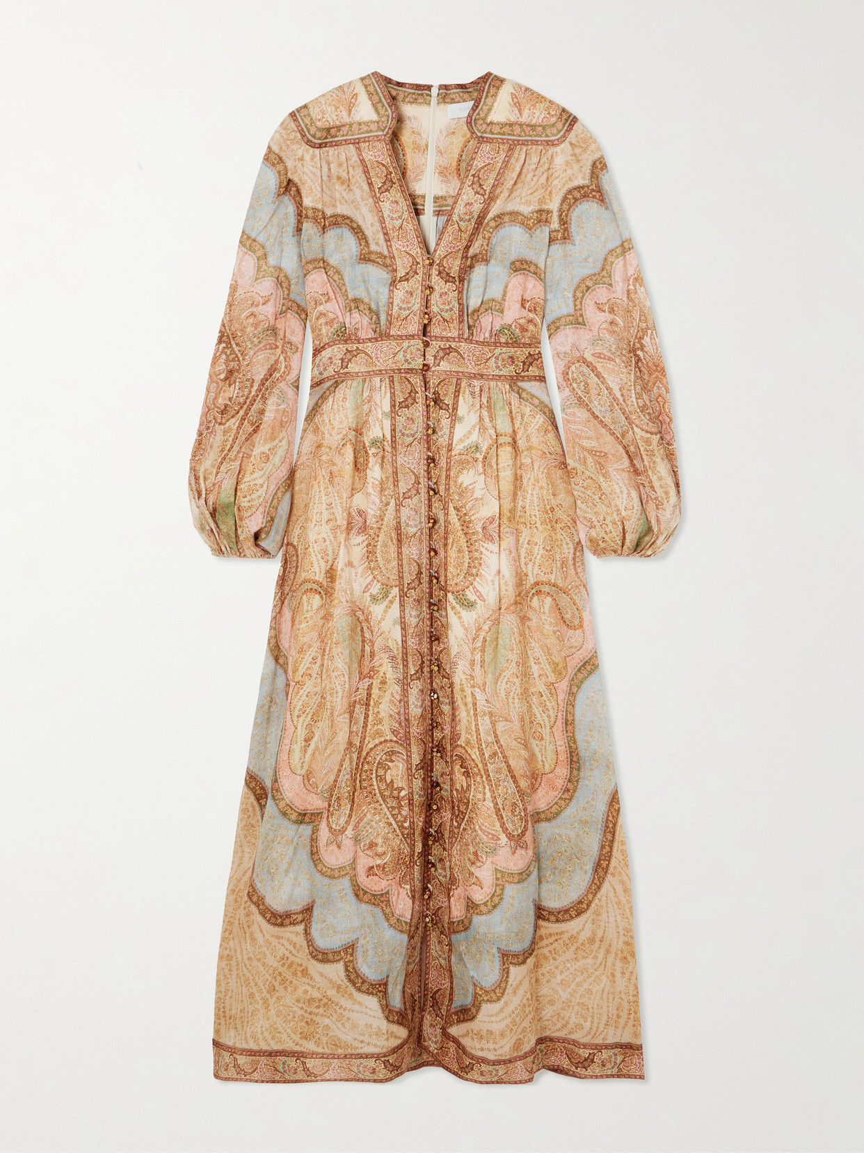 Zimmermann Wanderlust Gathered Printed Linen Midi Dress In Pink