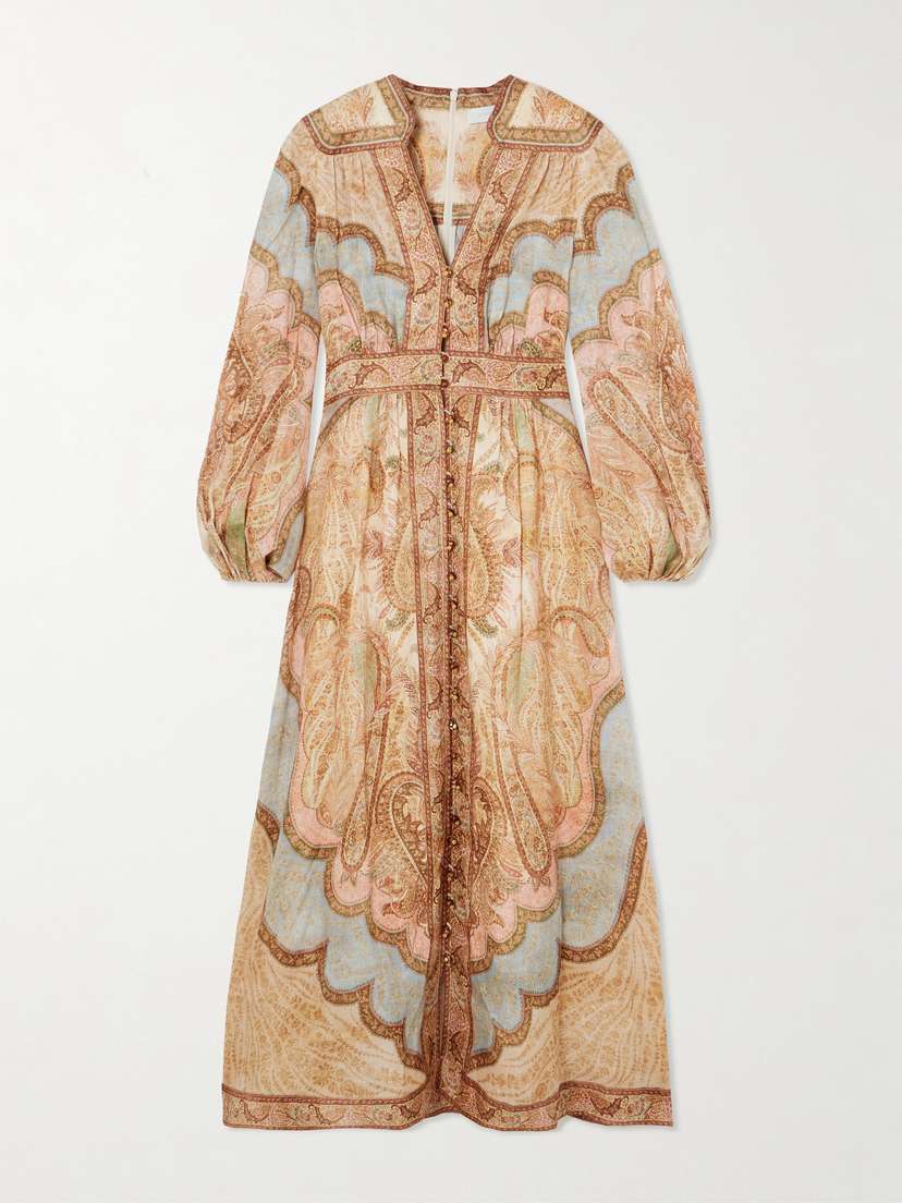 Zimmermann Wanderlust Gathered Printed Linen Midi Dress