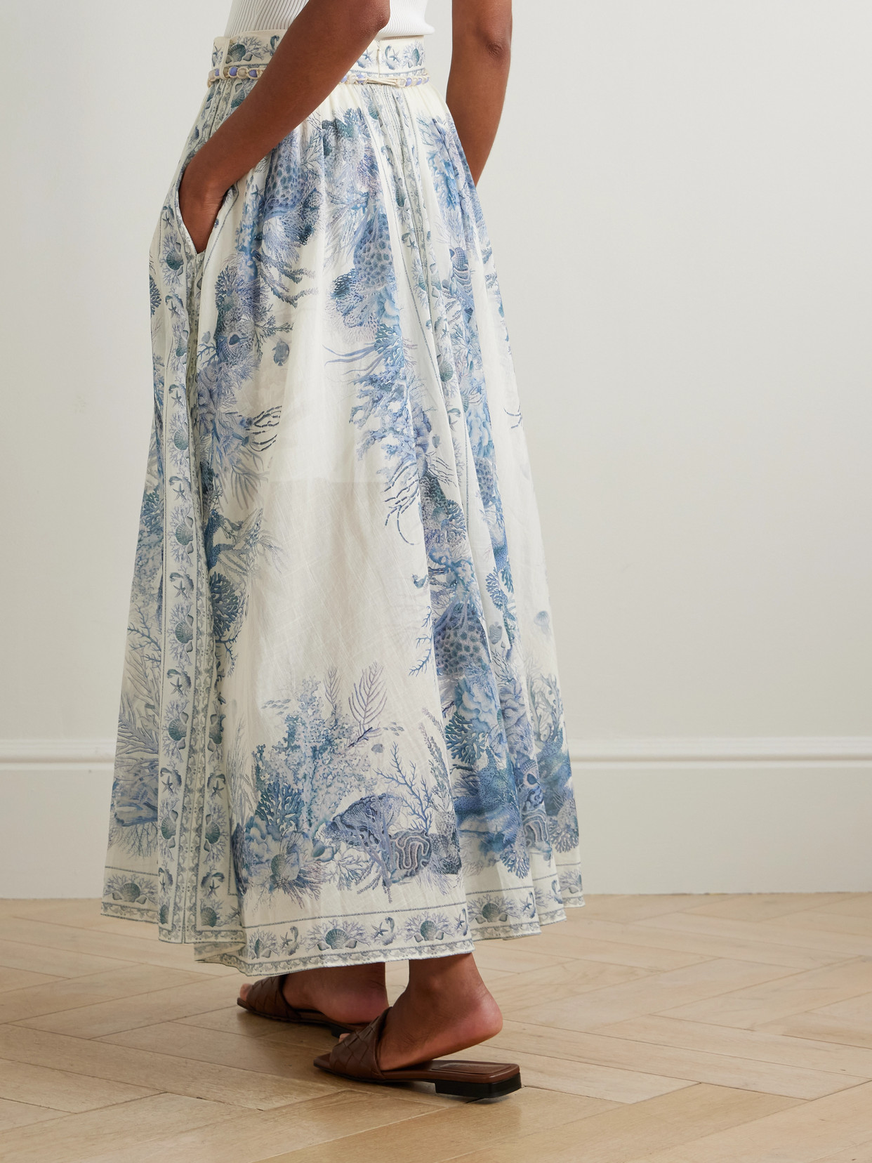 Zimmermann Wanderlust Belted Pleated Printed Cotton Maxi Skirt In Blue