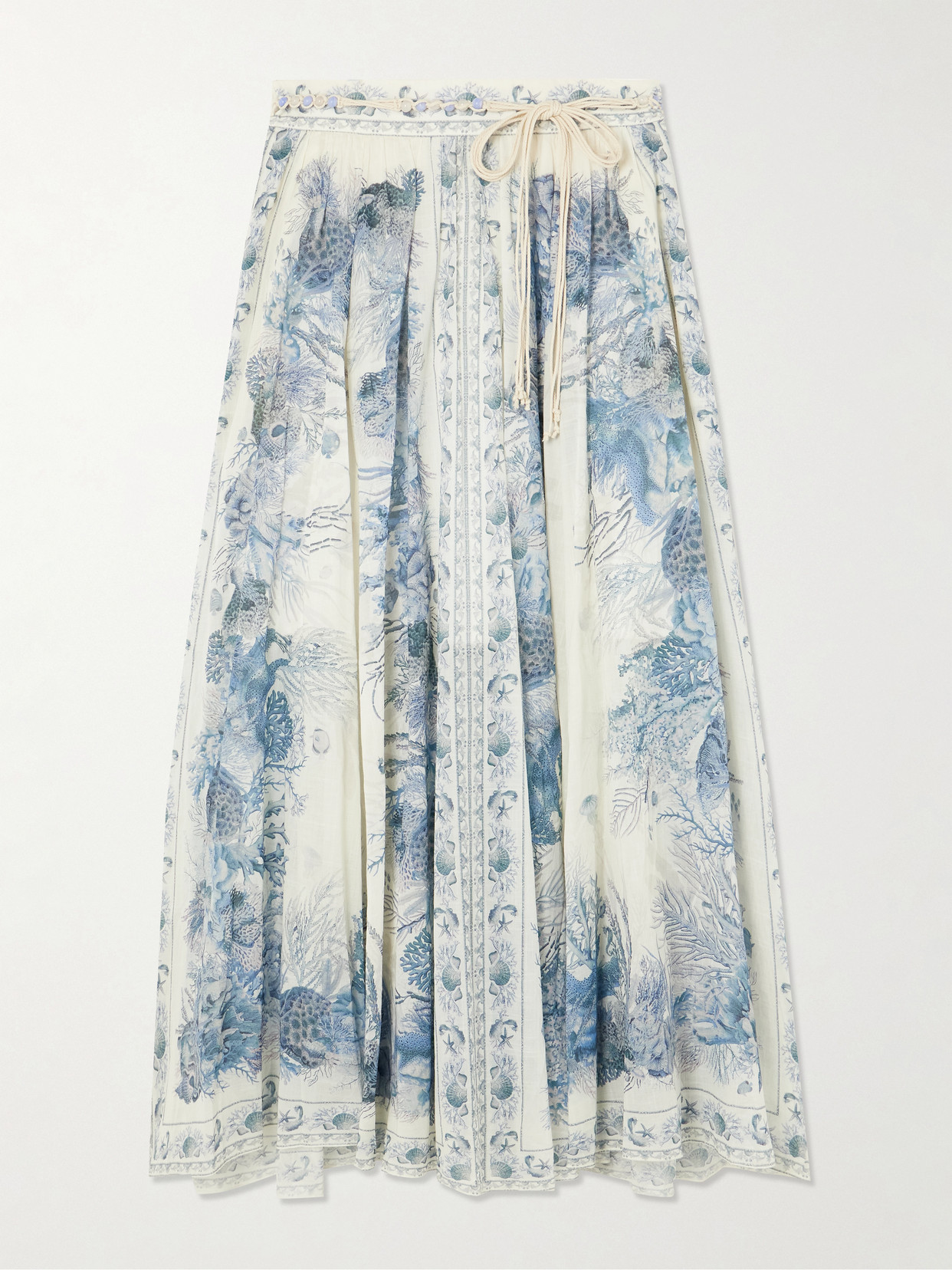 Zimmermann Wanderlust Belted Pleated Printed Cotton Maxi Skirt In Blue