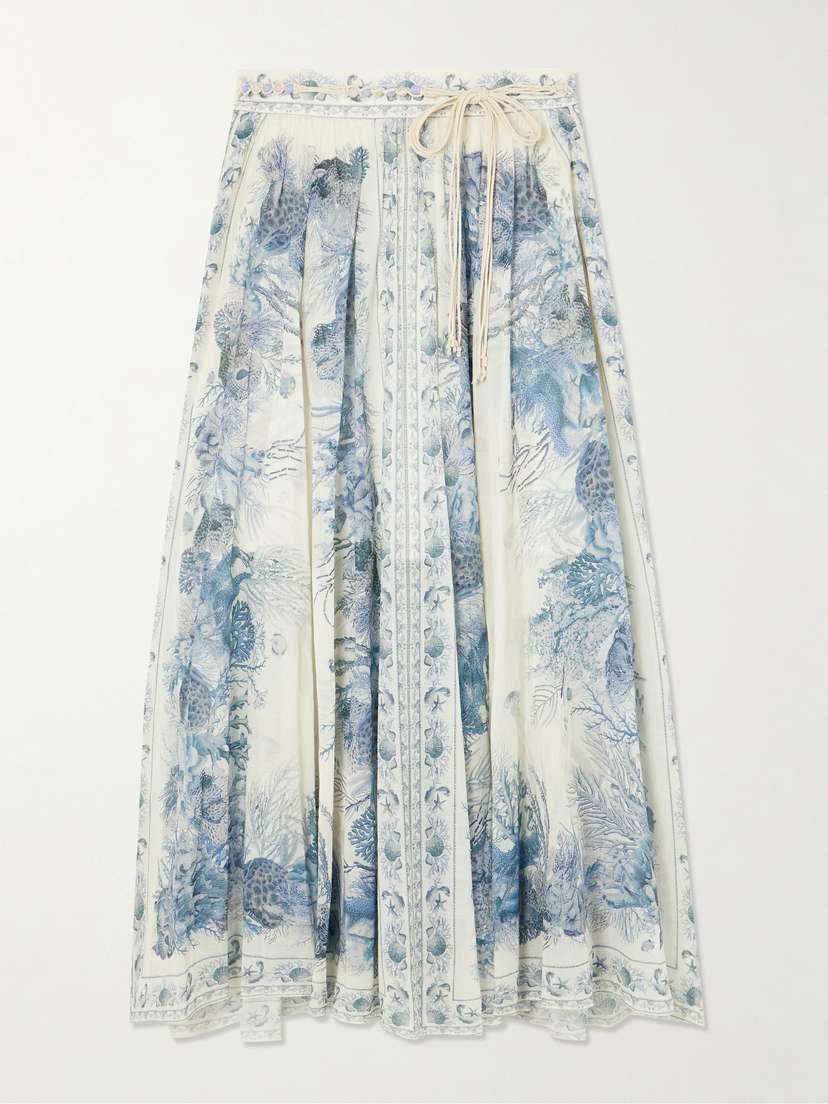 Zimmermann Wanderlust Belted Pleated Printed Cotton Maxi Skirt