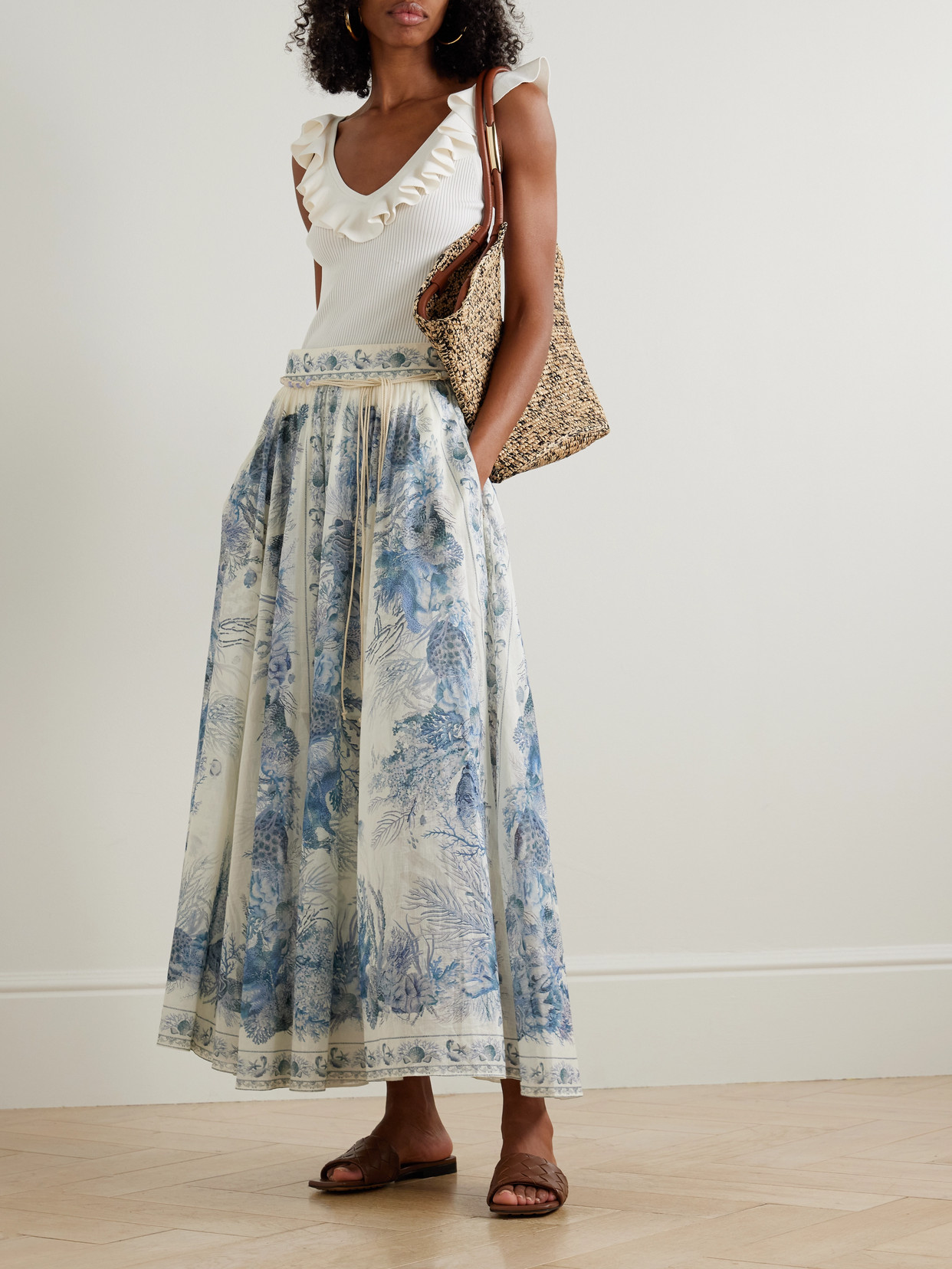 Zimmermann Wanderlust Belted Pleated Printed Cotton Maxi Skirt In Blue