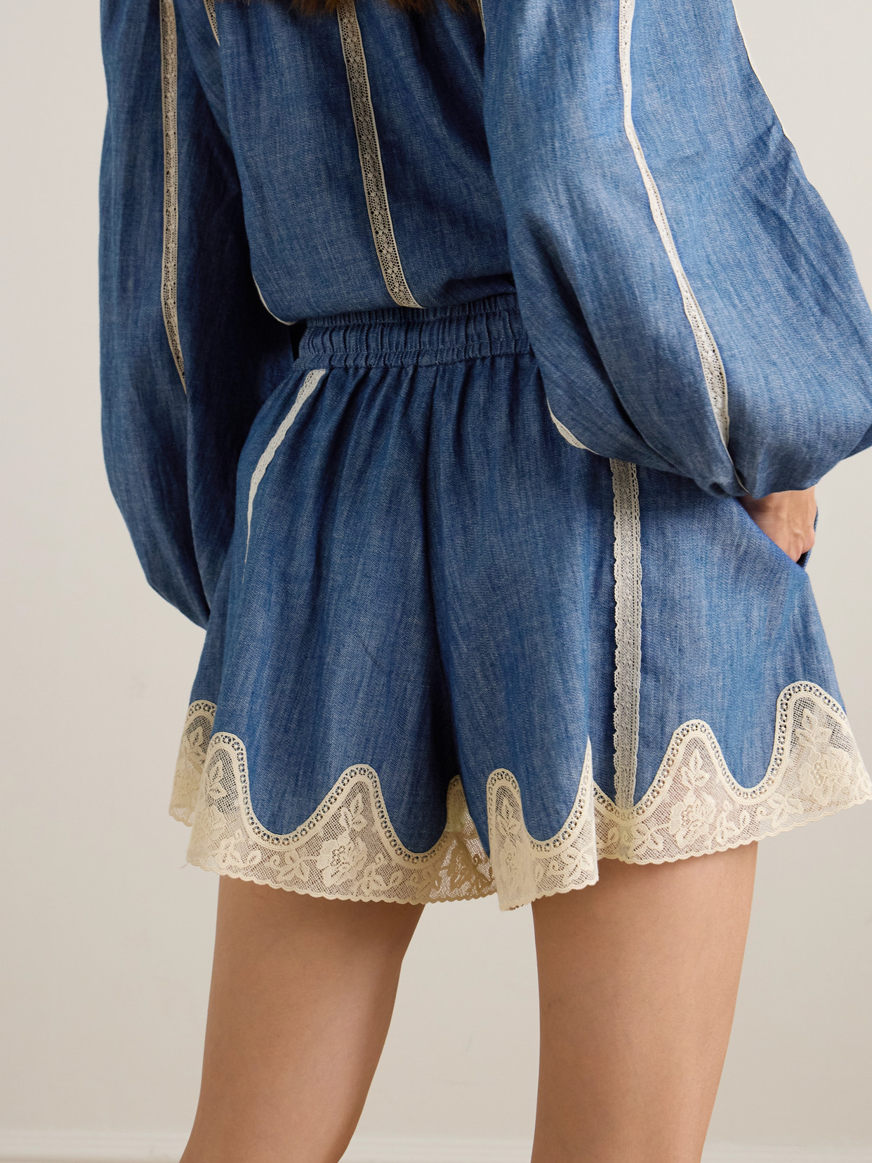 Zimmermann Awaken Lace-trimmed Denim Shorts In Blue