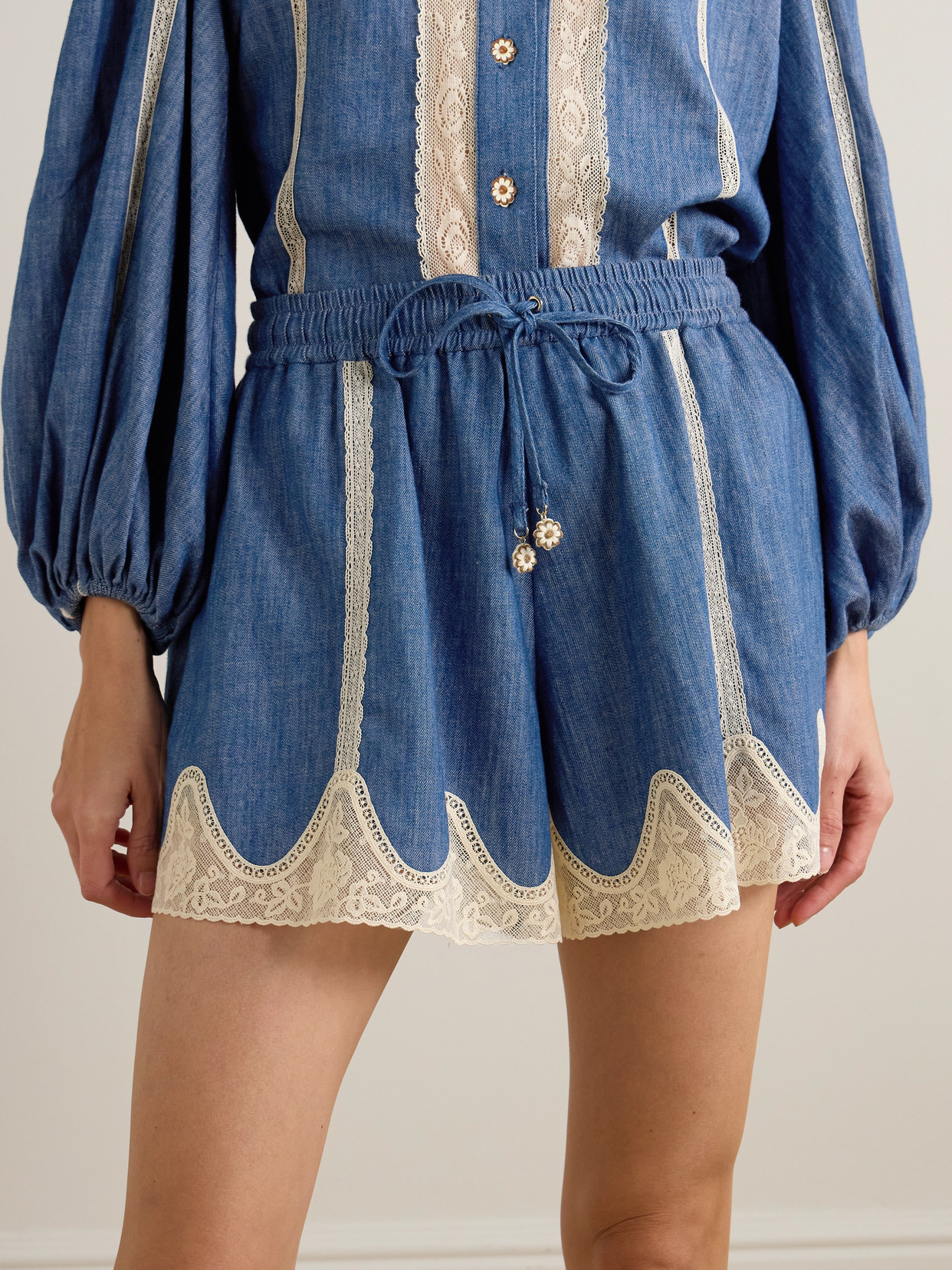 Zimmermann Awaken Lace-trimmed Denim Shorts In Blue