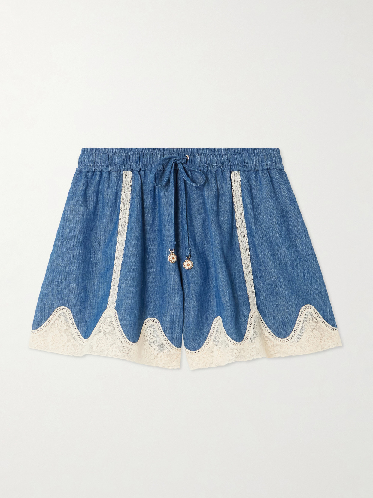Zimmermann Awaken Lace-trimmed Denim Shorts In Blue