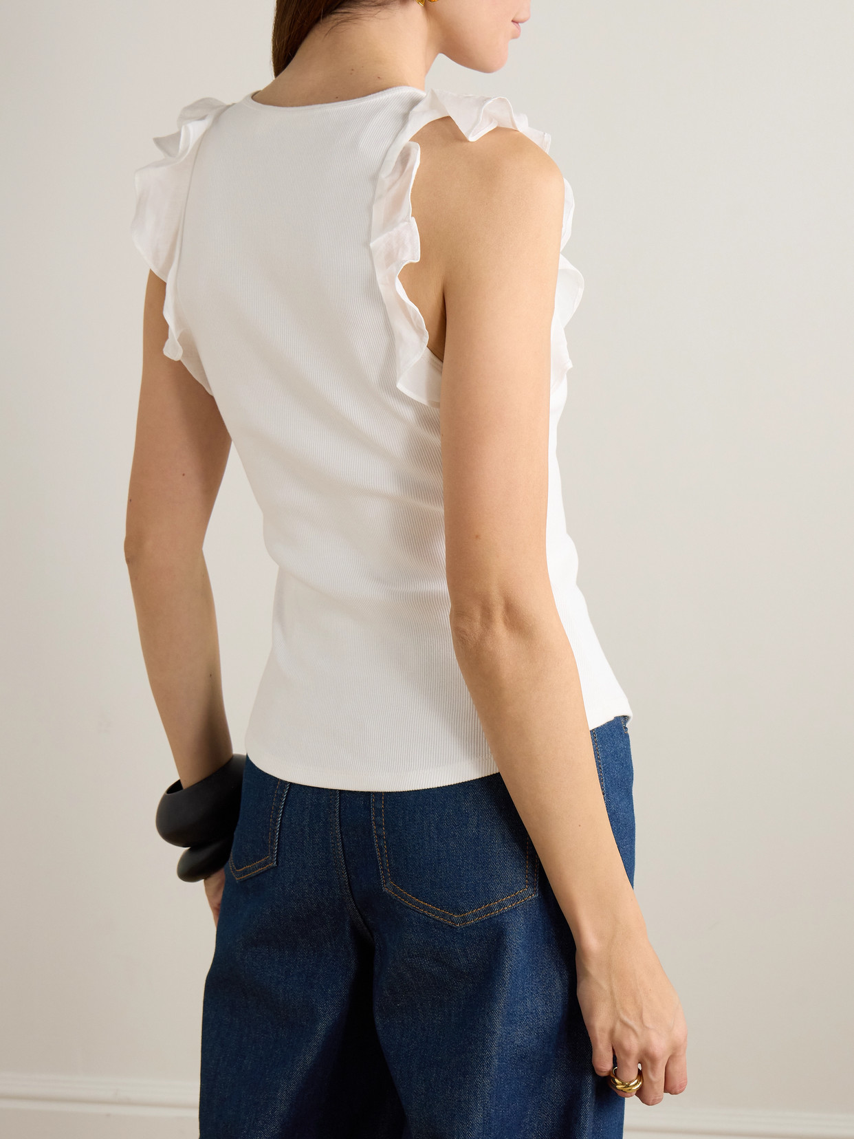 Zimmermann Awaken Ruffled Ribbed Cotton-blend Jersey Tank In White