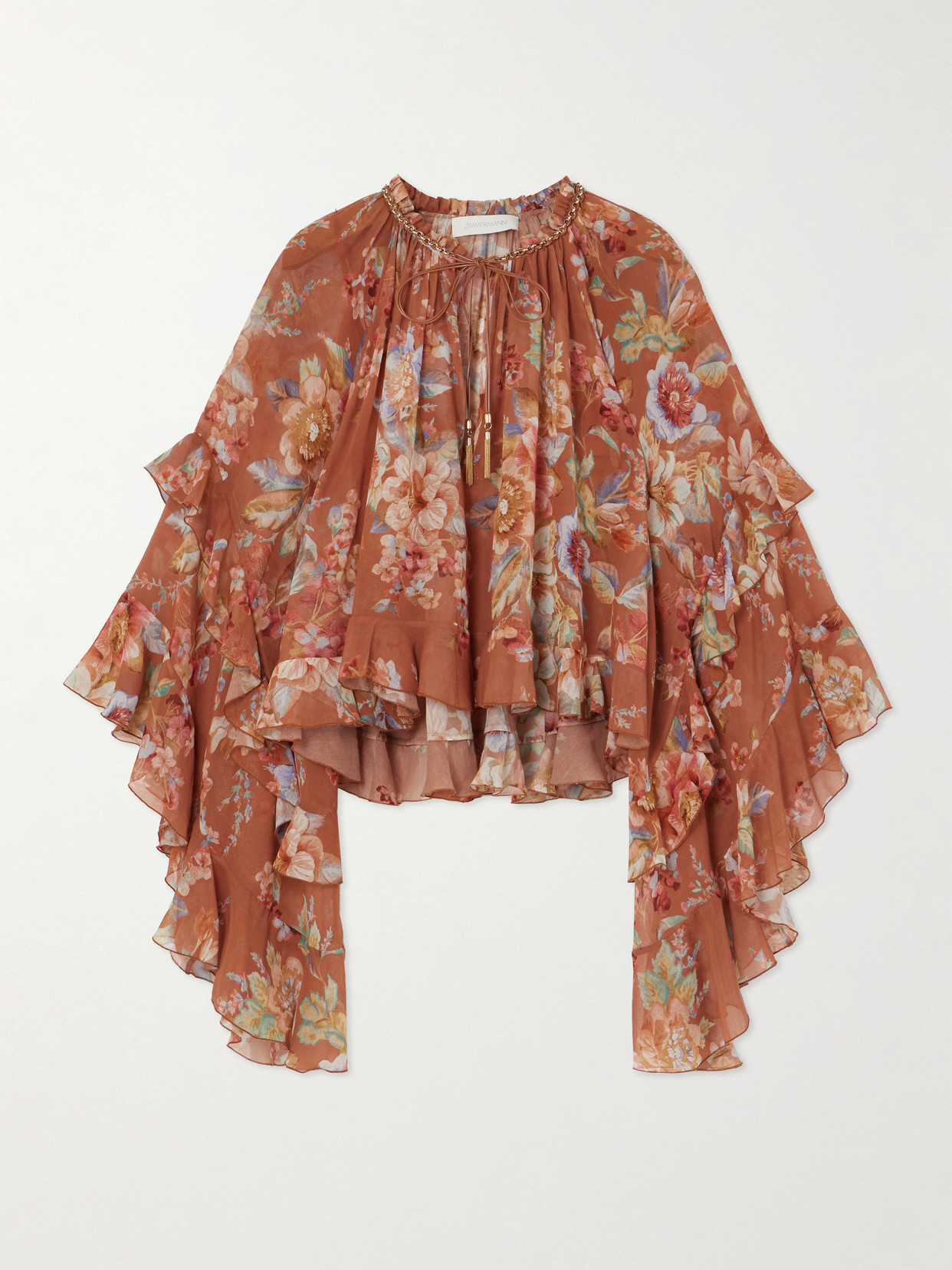 Zimmermann Awaken Ruffled Floral-print Cotton And Silk-blend Crepe De Chine Blouse In Brown