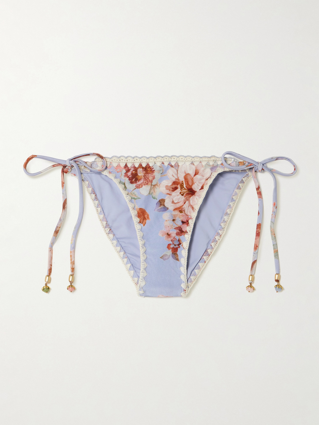 Zimmermann Awaken Crochet-trimmed Embellished Floral-print Bikini Briefs In Blue