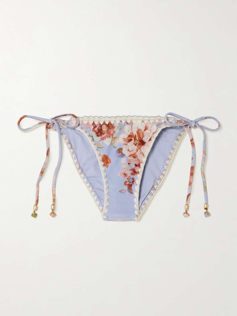Zimmermann Awaken Crochet-trimmed Embellished Floral-print Bikini Briefs