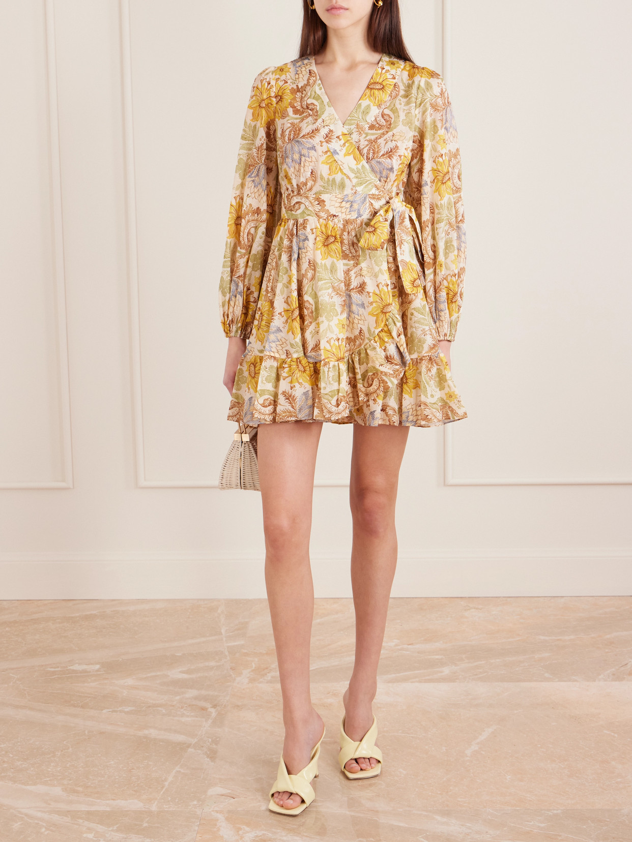 Zimmermann Daylight Ruffled Floral-print Cotton-voile Mini Wrap Dress In Multi