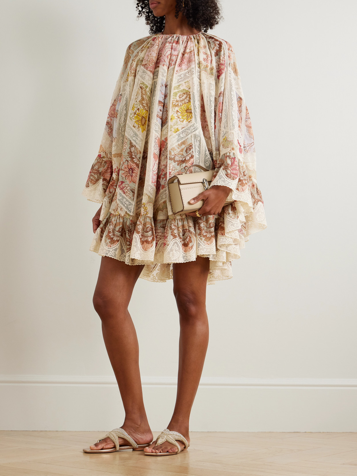 Zimmermann Daylight Flutter Lace-trimmed Tiered Printed Cotton Mini Dress In Orange