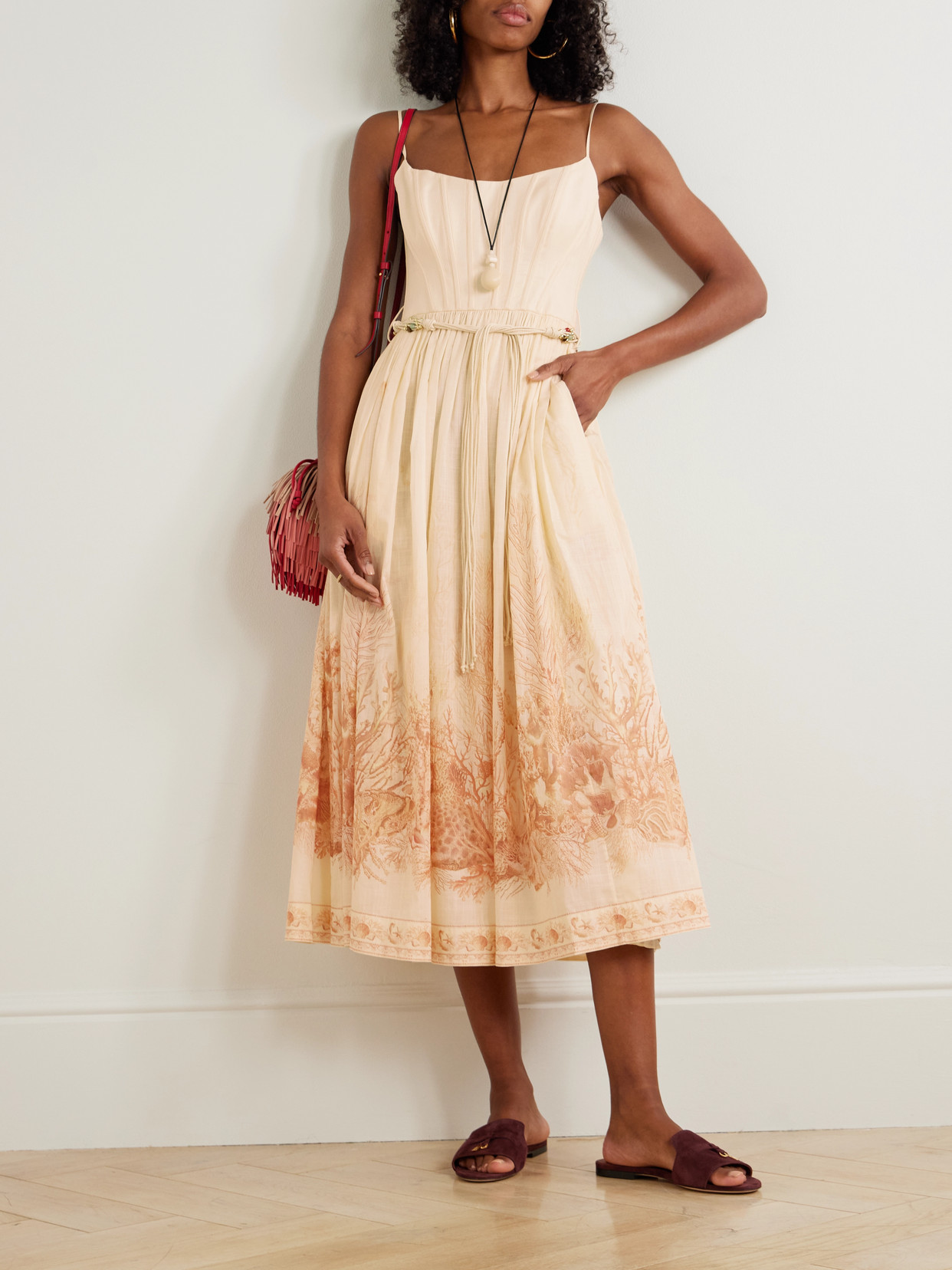 Zimmermann Womens Wanderlust Corset Cotton-poplin Midi Dress Coral Toile Xxs In Orange