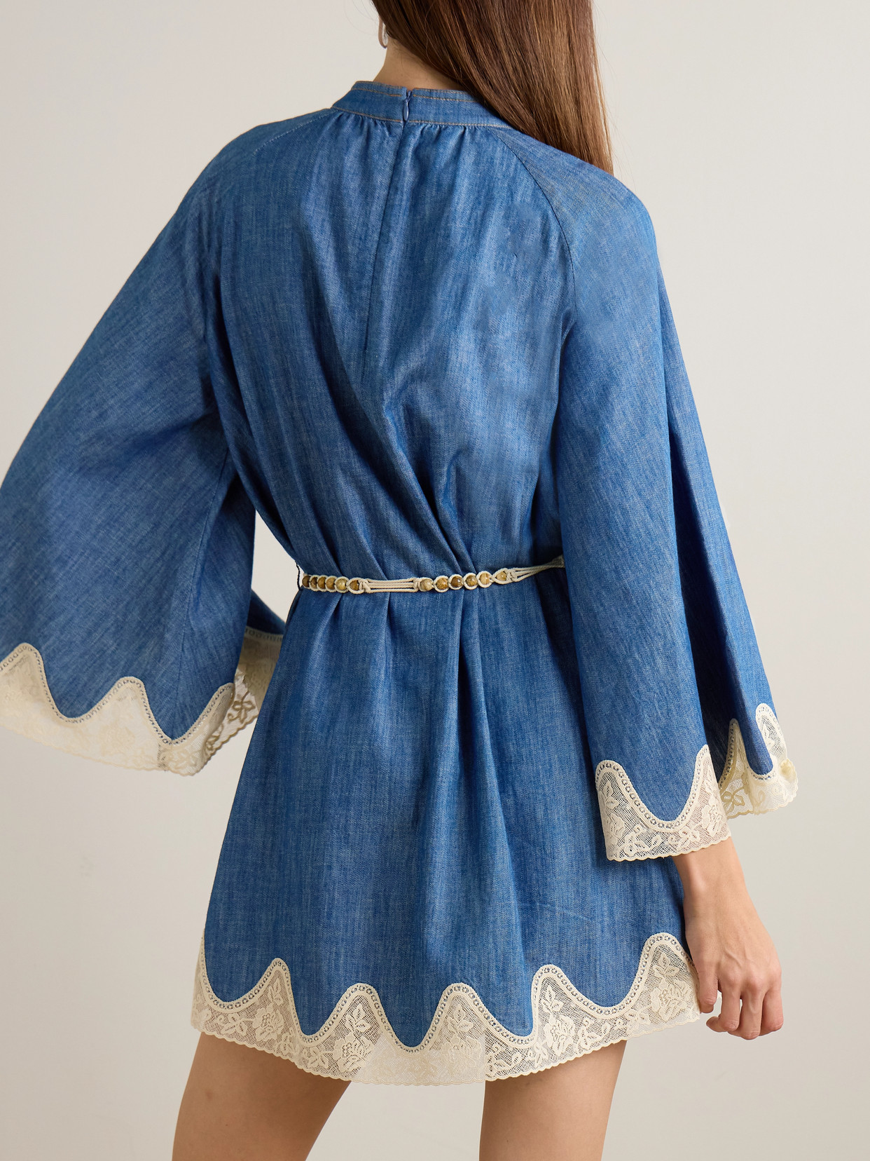 Zimmermann Awaken Belted Lace-trimmed Denim Mini Dress In Blue