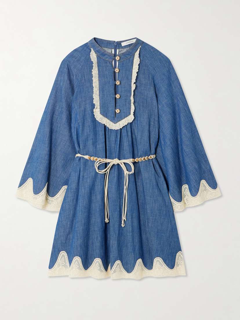 Zimmermann Awaken Belted Lace-trimmed Denim Mini Dress