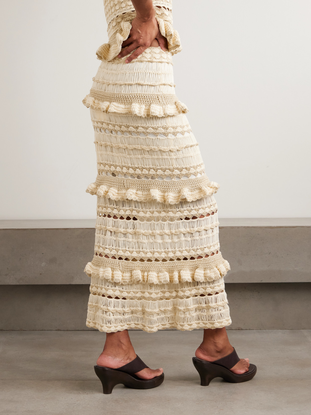 Wanderlust Ruffled Ruffled Pointelle-Knit Maxi