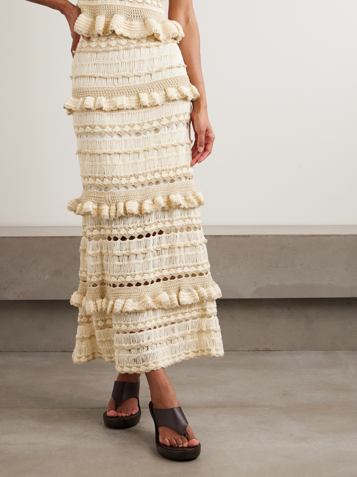 Wanderlust Ruffled Ruffled Pointelle-Knit Maxi