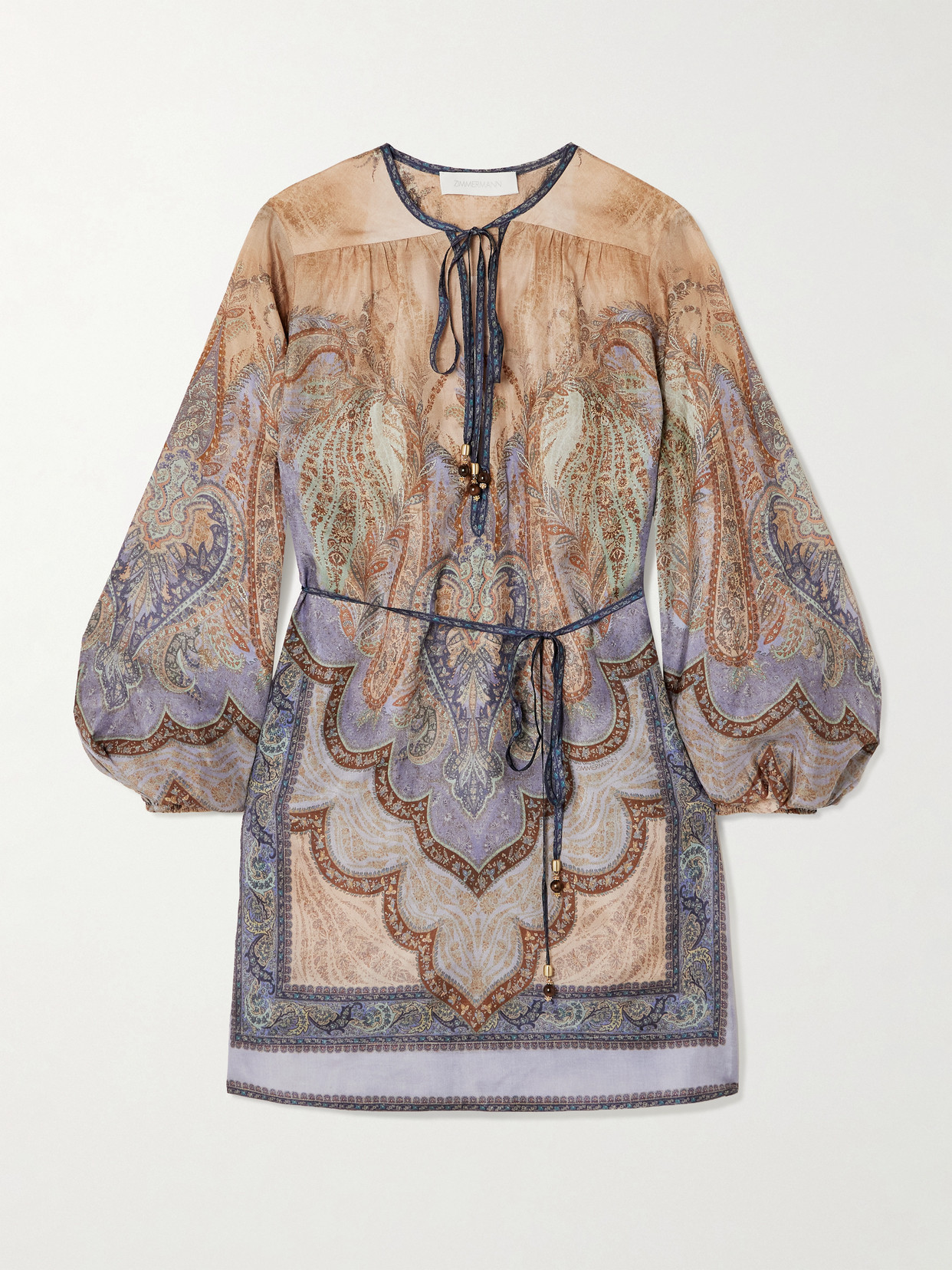 Zimmermann Wanderlust Belted Printed Silk Tunic In Brown