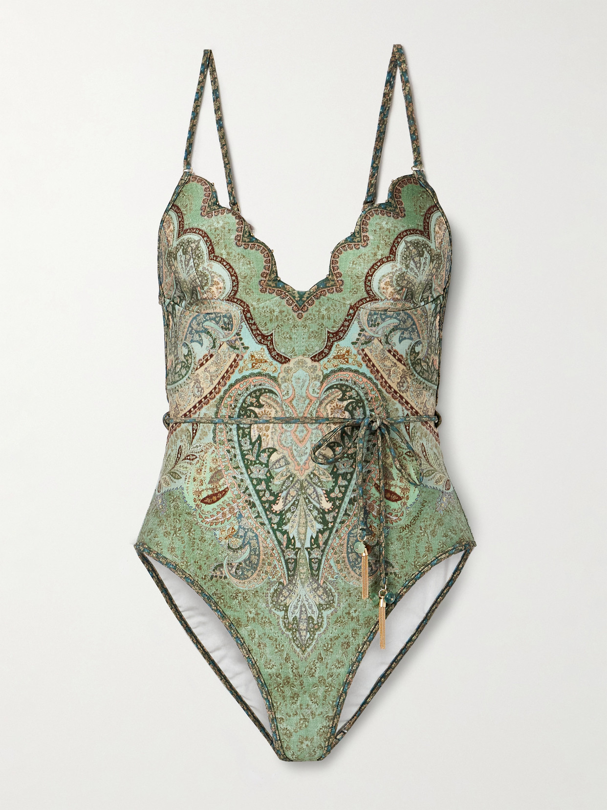 Zimmermann Wanderlust Belted Embellished Scalloped Printed Swimsuit In Green