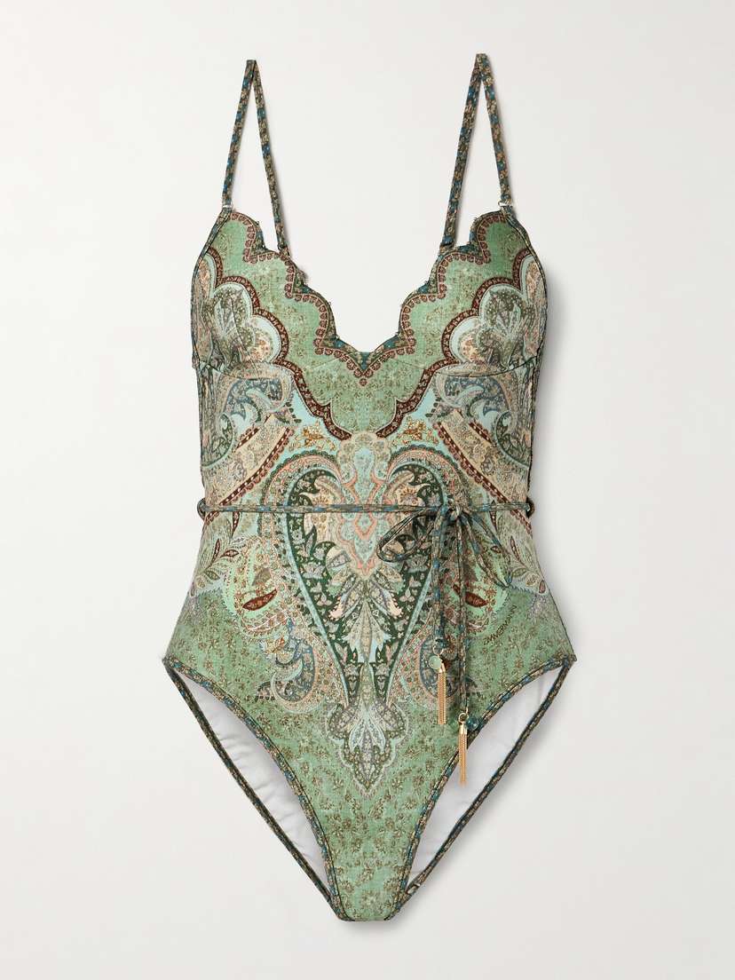 Zimmermann Wanderlust Belted Embellished Scalloped Printed Swimsuit