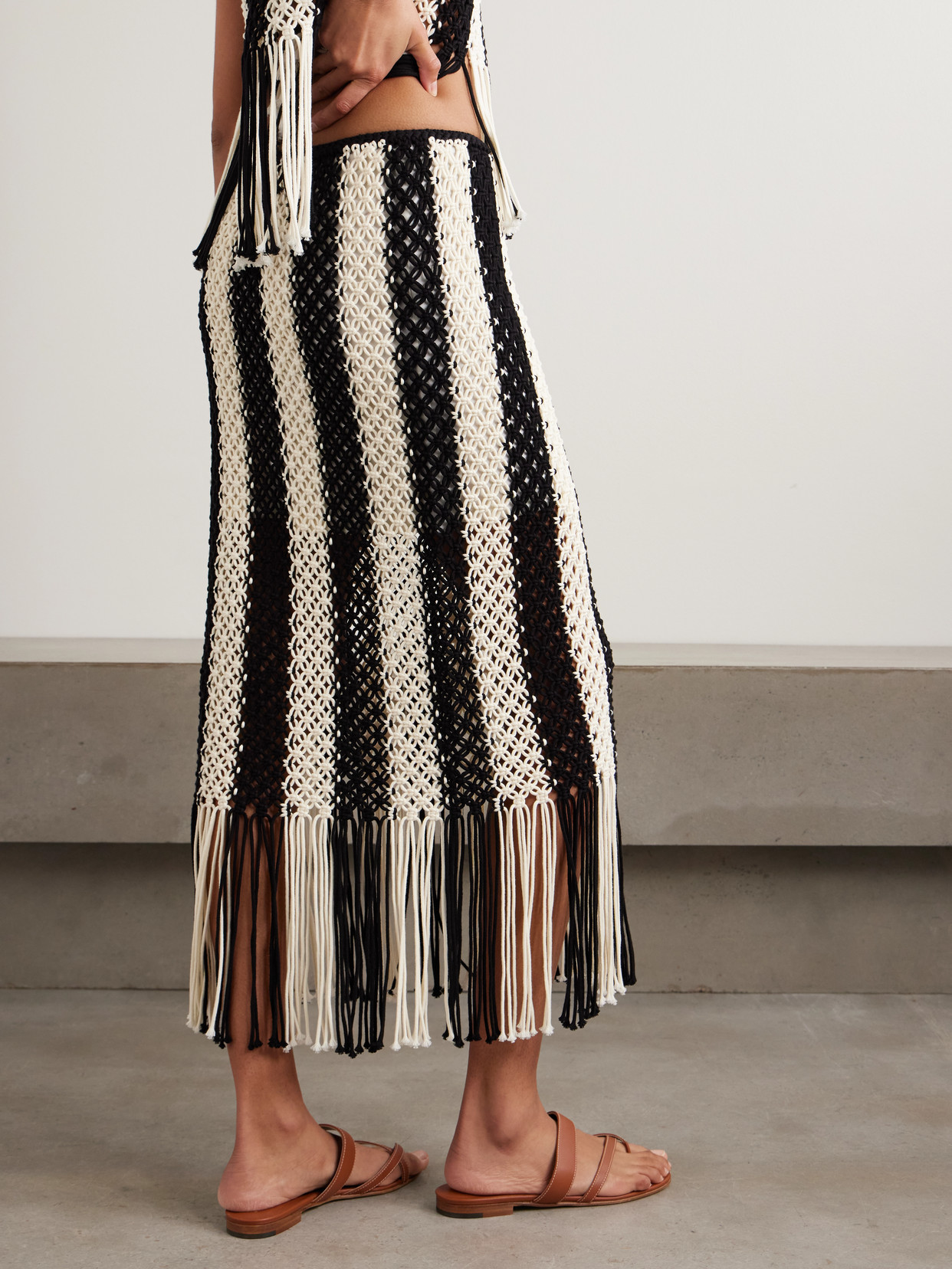 Zimmermann Wanderlust Fringed Striped Macramé Cotton Maxi Skirt In Black