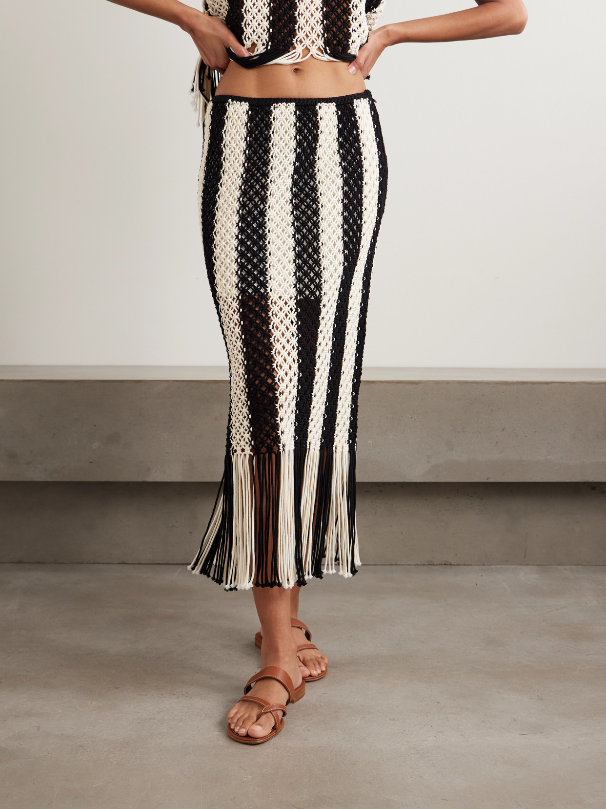 Zimmermann Wanderlust Fringed Striped Macramé Cotton Maxi Skirt In Black