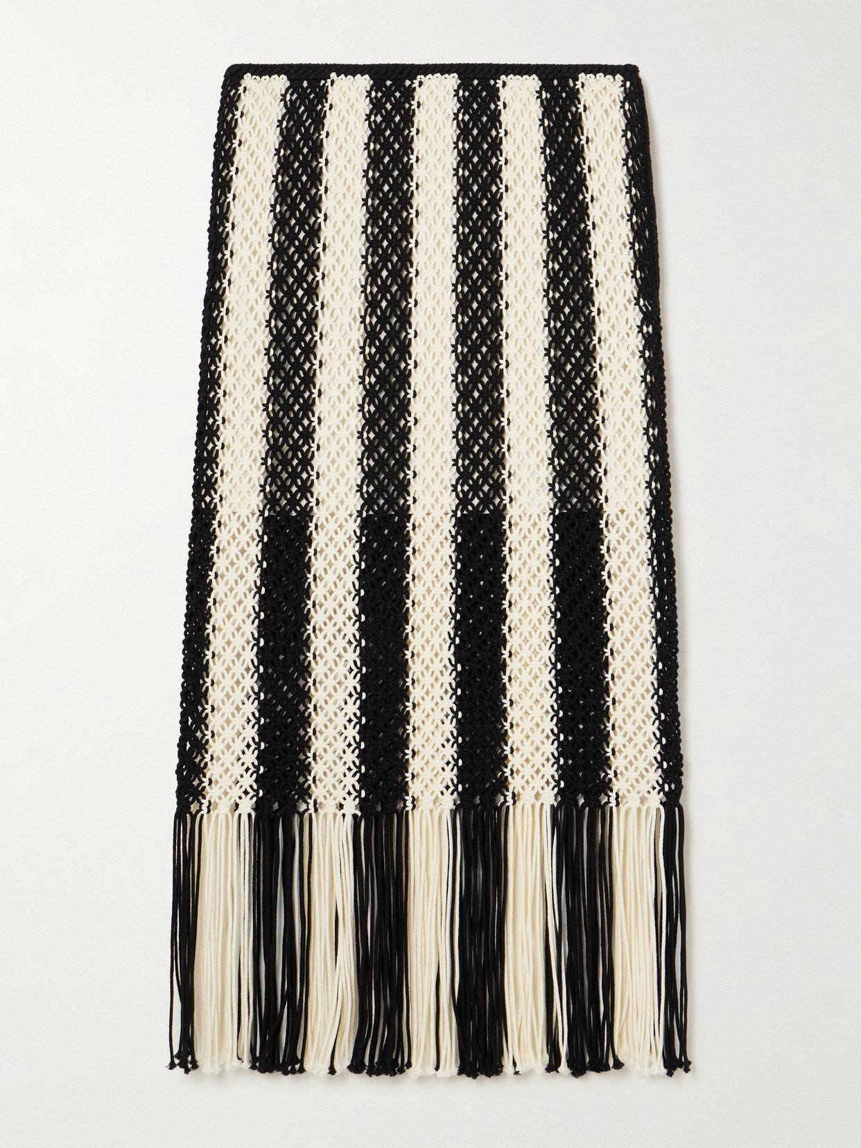 Zimmermann Wanderlust Fringed Striped Macramé Cotton Maxi Skirt In Black
