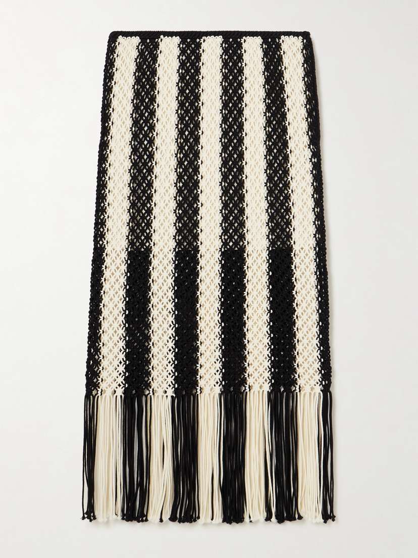Zimmermann Wanderlust Fringed Striped Macramé Cotton Maxi Skirt