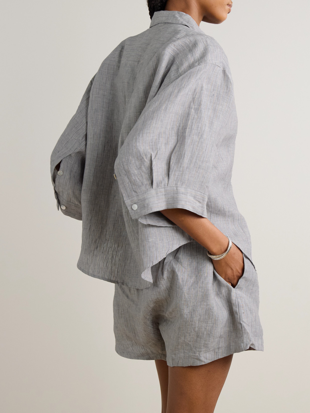 Deiji Studios The 03 Striped Washed-linen Shirt And Shorts Set In Gray