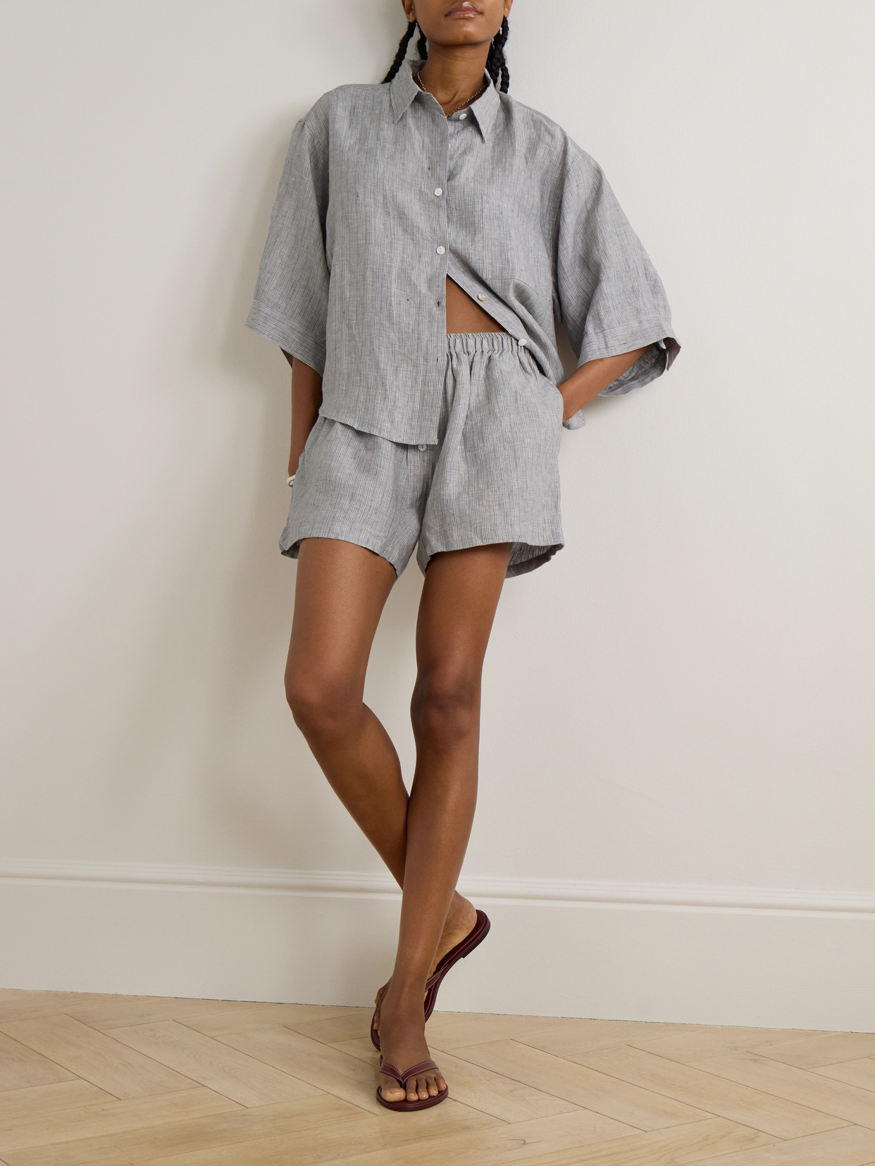 Deiji Studios The 03 Striped Washed-linen Shirt And Shorts Set In Gray