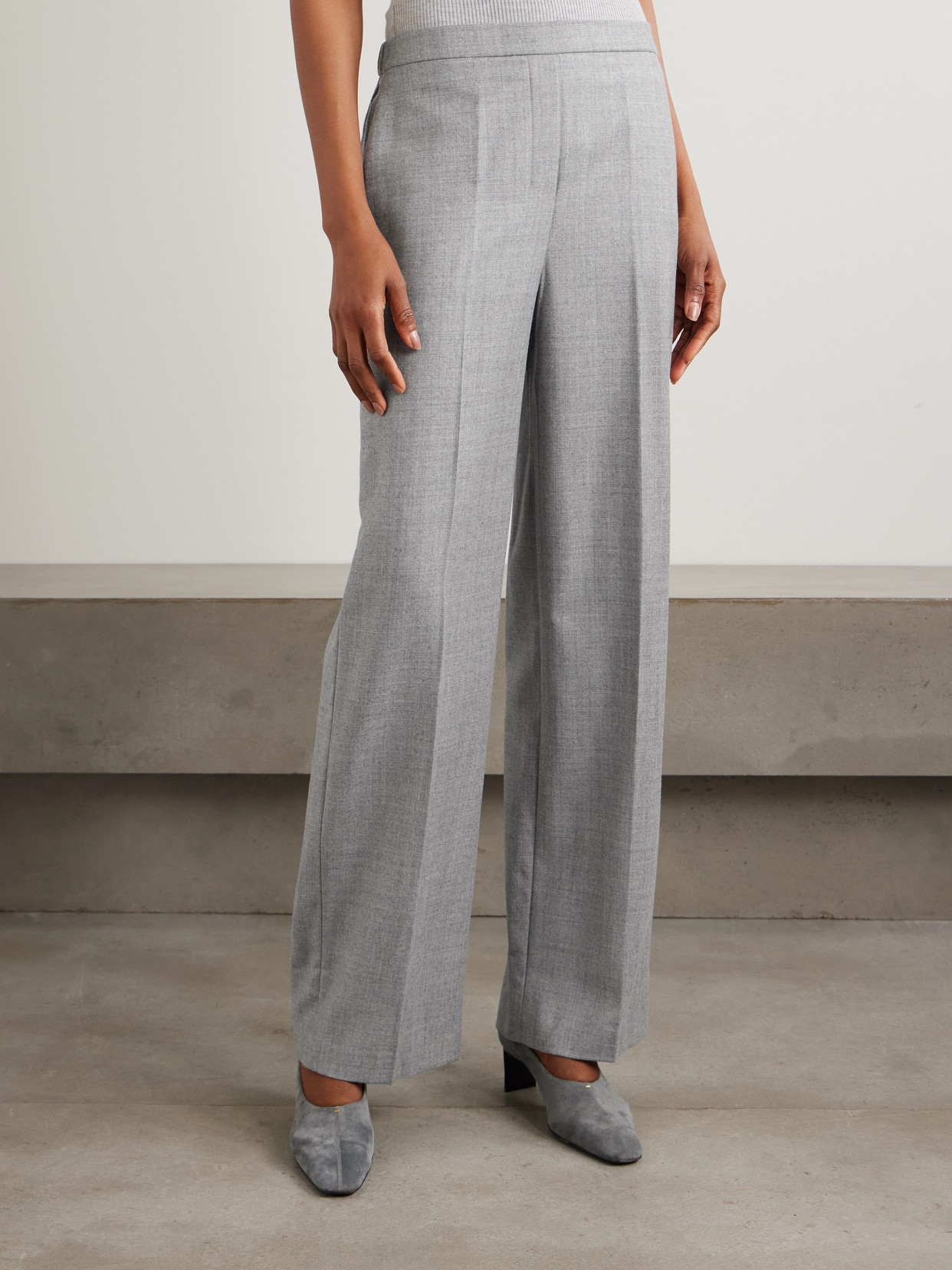Theory Pleated Wool-flannel Wide-leg Pants In Gray