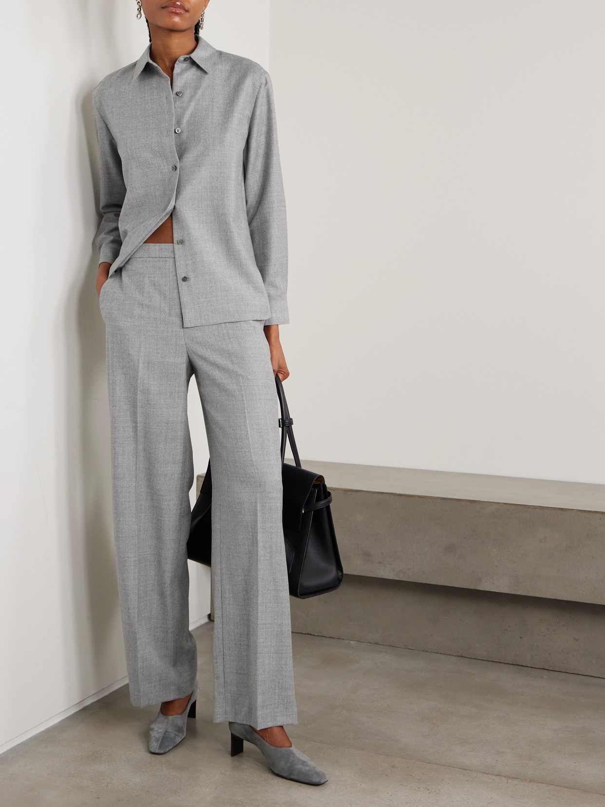 Theory Pleated Wool-flannel Wide-leg Pants In Gray
