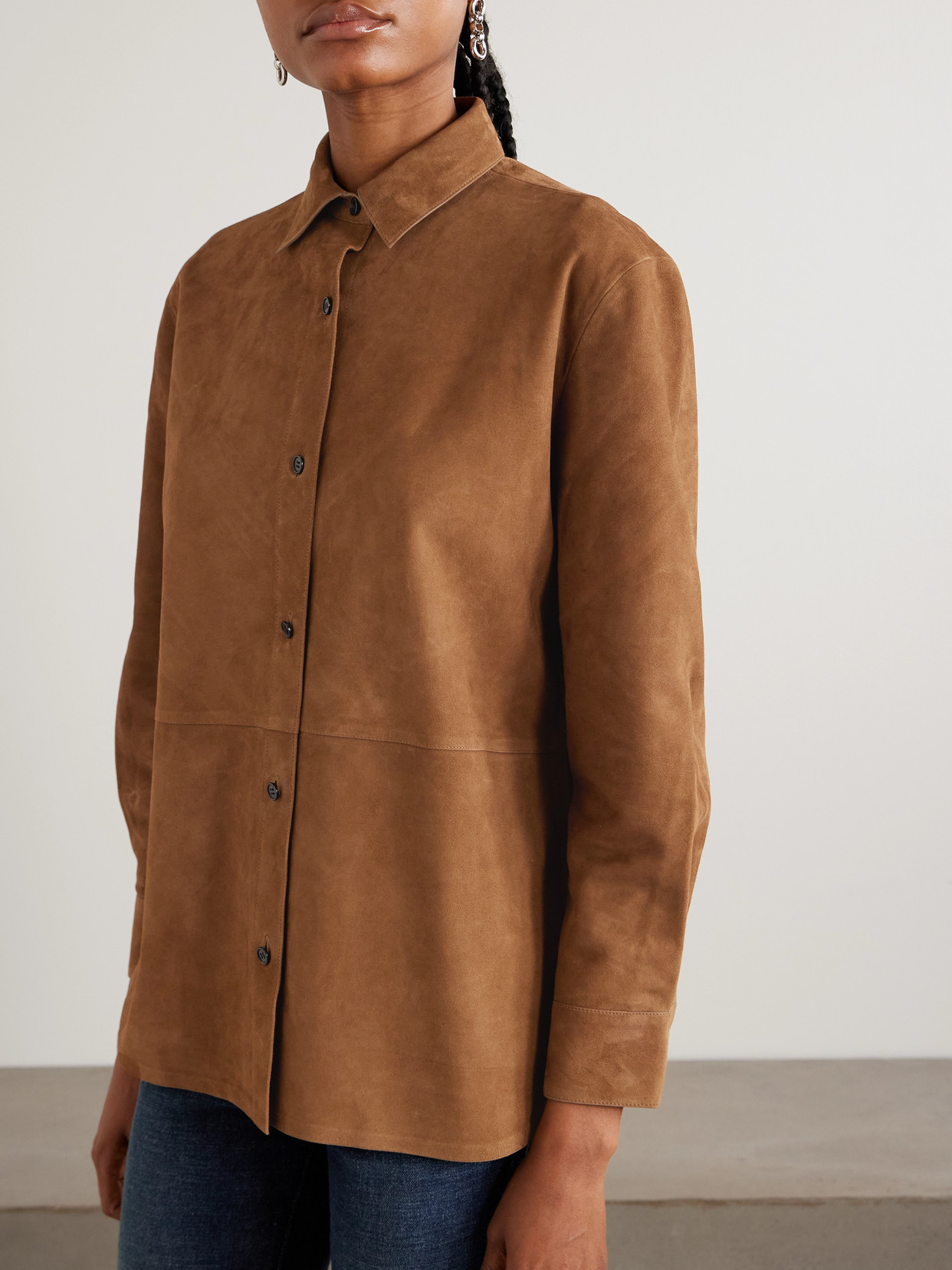 Theory Womens Deep Tobacco Relaxed-fit Long-sleeves Suede Shirt In Brown