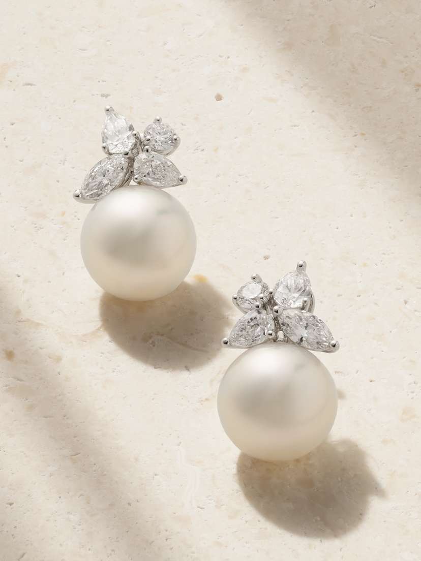 Mikimoto 18-karat White Gold, Pearl And Diamond Earrings