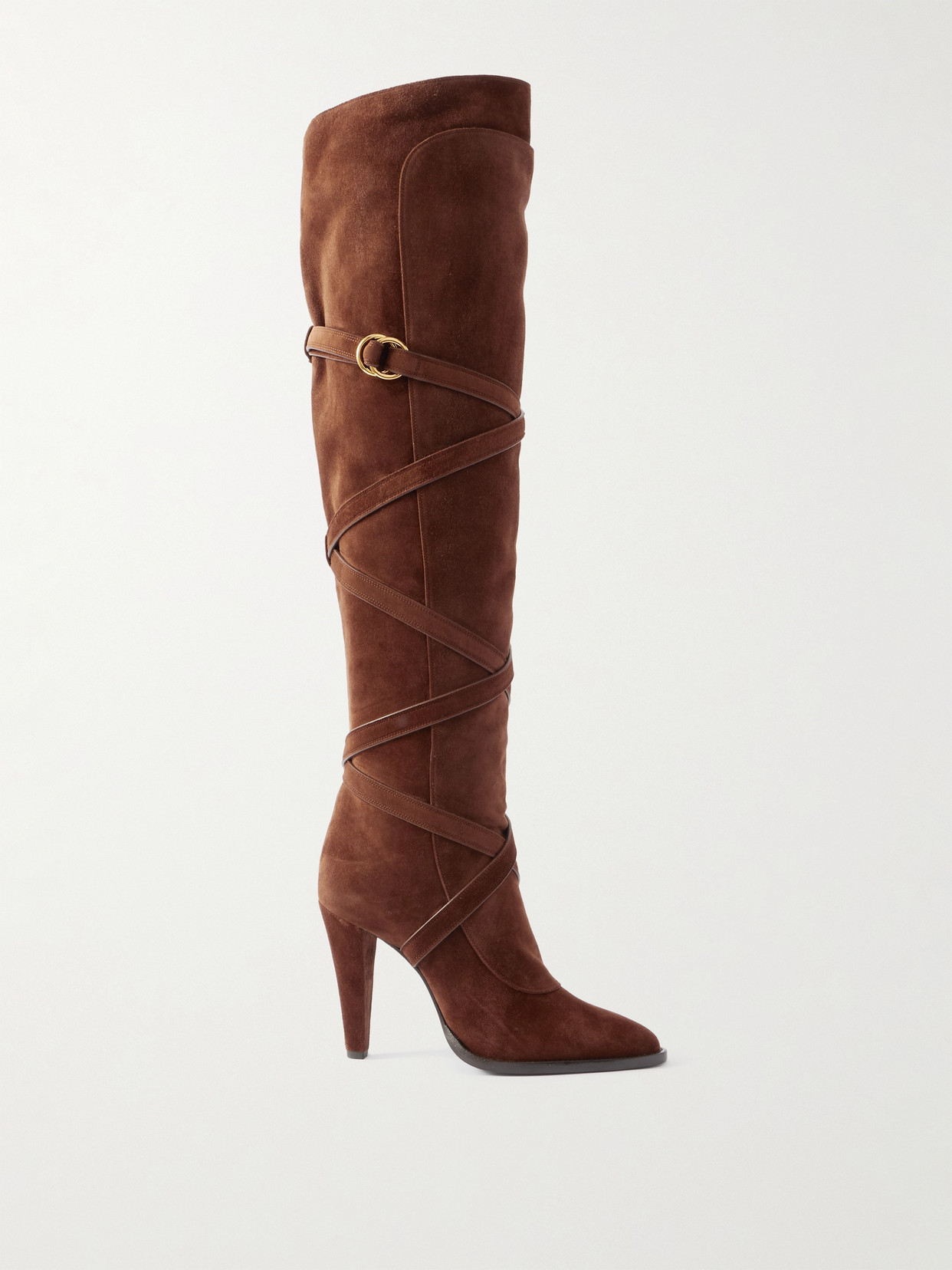 Saint Laurent Janis Embellished Over-the-knee Suede Boots In Brown